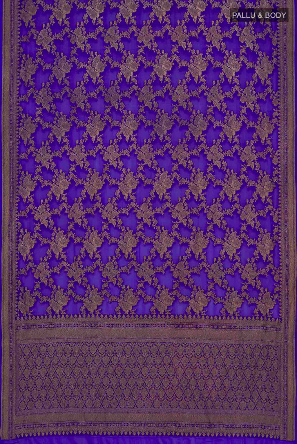 Flat view of Royal Blue Banarasi Georgette Saree with Zari Brocade on the body and Zari Border. 