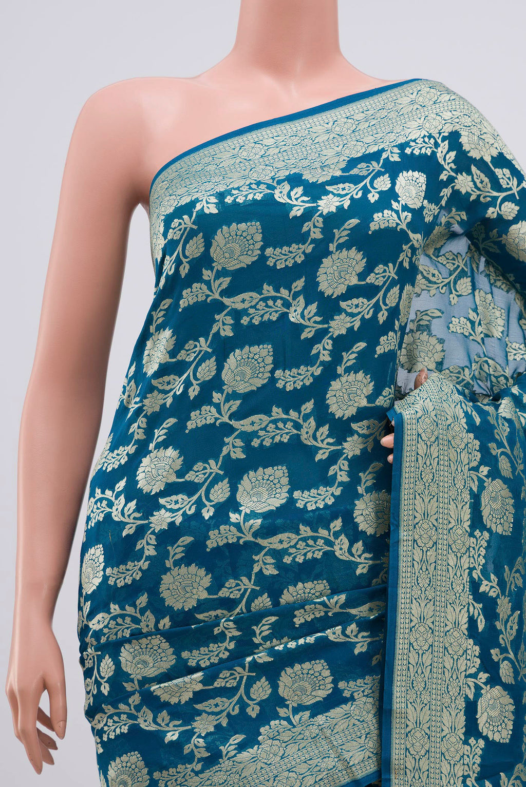 Border image of Blue Georgette Saree with Fancy on the body and Zari Border. 