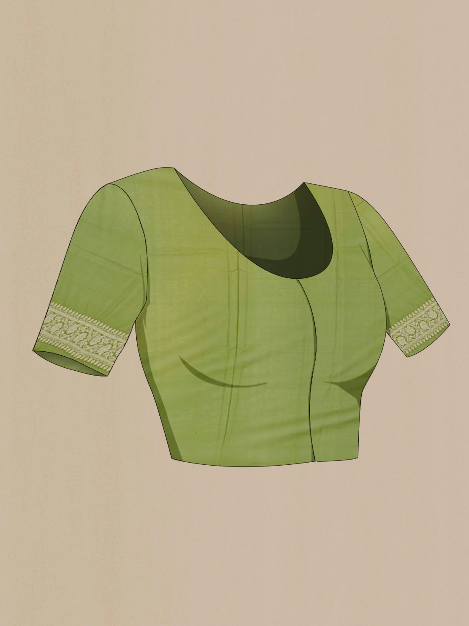 Close up image of the blouse of Light Green Banarasi Georgette Saree with Zari Brocade on the body and Zari Border. 