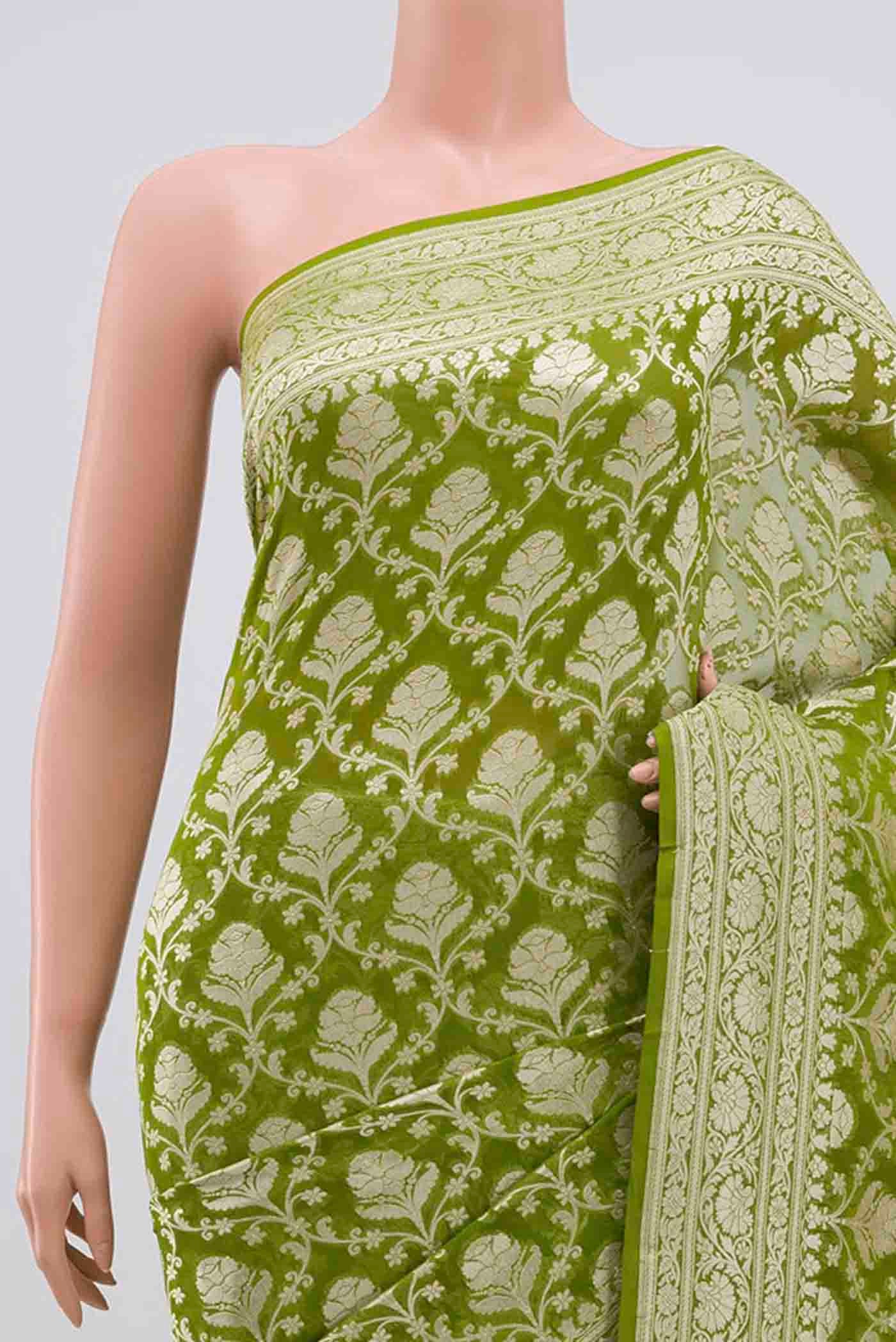 Border image of Light Green Banarasi Georgette Saree with Zari Brocade on the body and Zari Border. 