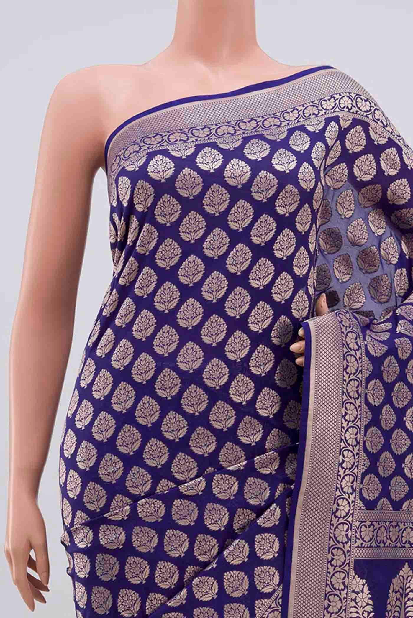 Border image of Royal Blue Banarasi Silk Saree with Zari Brocade on the body and Zari Border. 