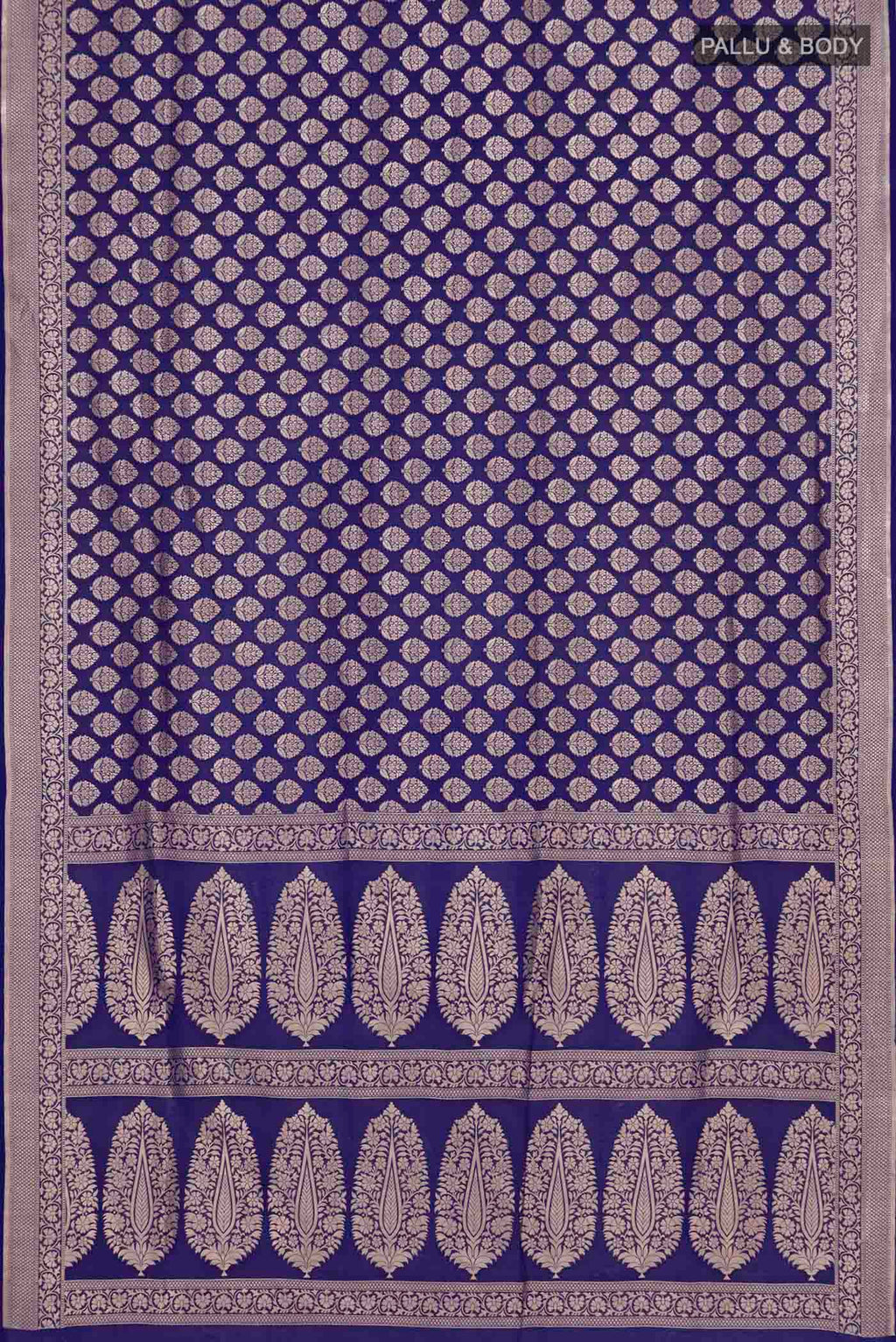 Flat view of Royal Blue Banarasi Silk Saree with Zari Brocade on the body and Zari Border. 