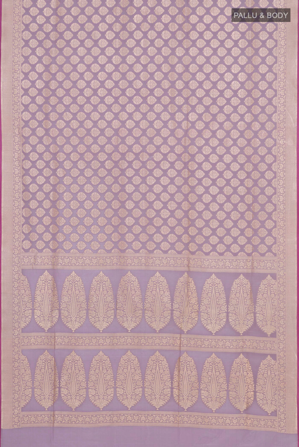 Flat view of Lavender Banarasi Silk Saree with Zari Brocade on the body and Zari Border. 