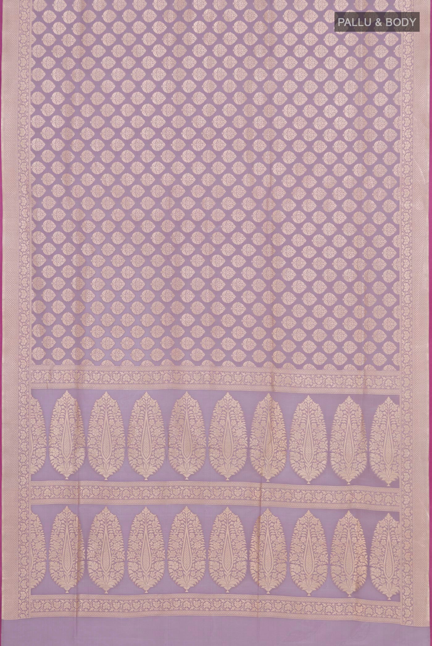 Flat view of Lavender Banarasi Silk Saree with Zari Brocade on the body and Zari Border. 