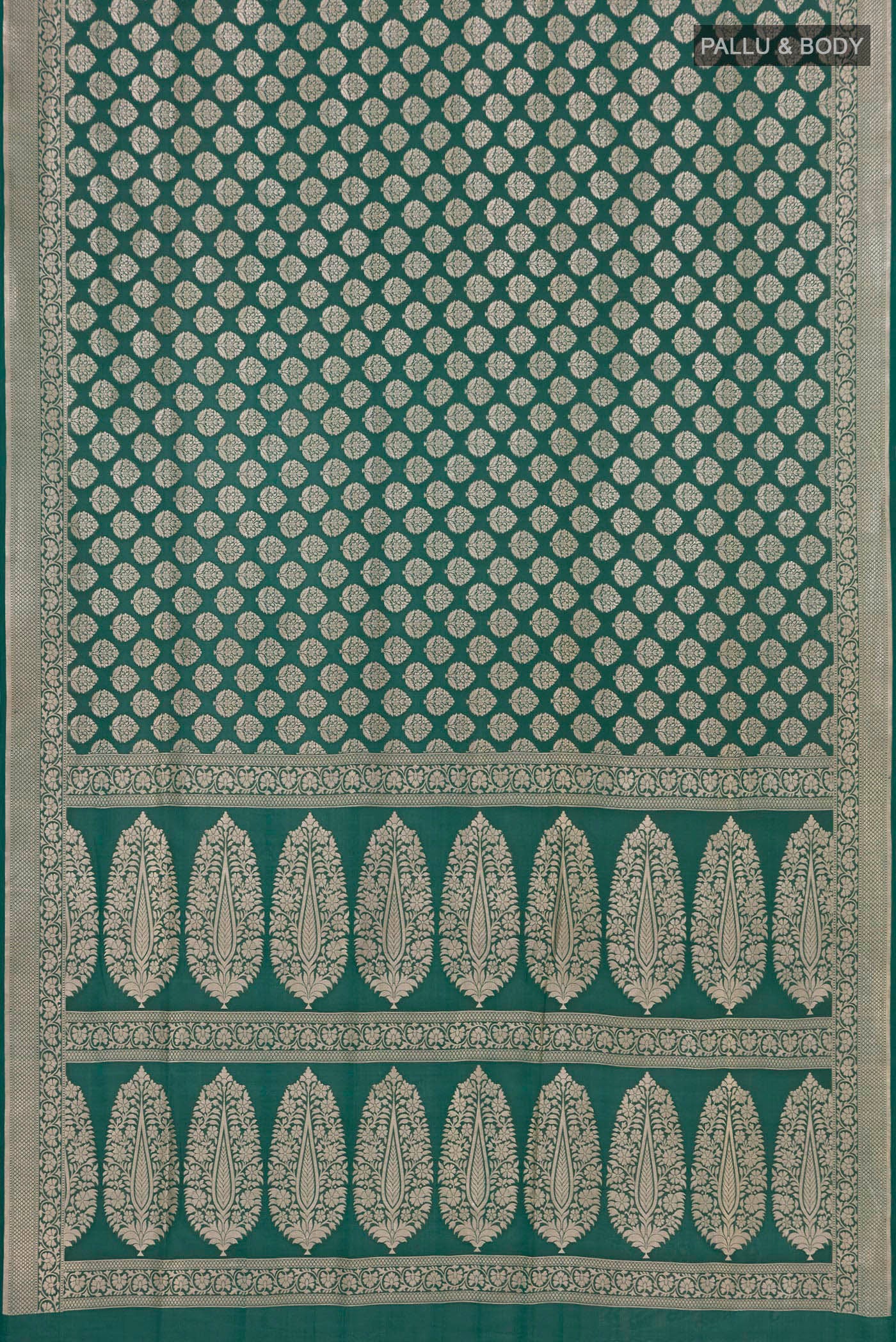 Flat view of Green Banarasi Silk Saree with Zari Brocade on the body and Zari Border. 