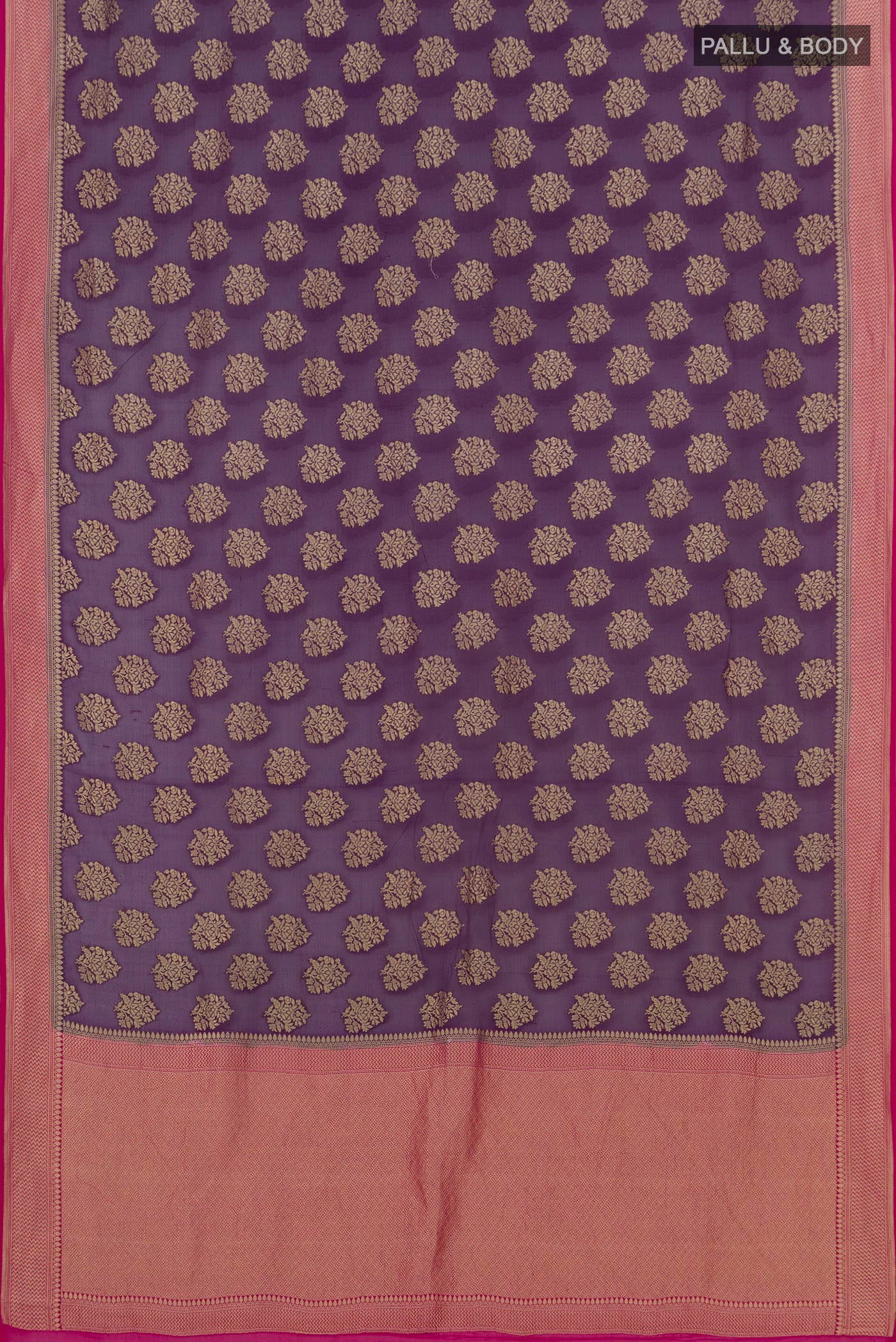 Flat view of Purple Banarasi Georgette Saree with Fancy on the body and Zari Border. 