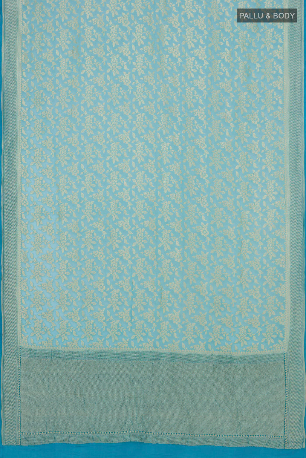 Flat view of Sky Blue Banarasi Georgette Saree with Fancy on the body and Zari Border. 