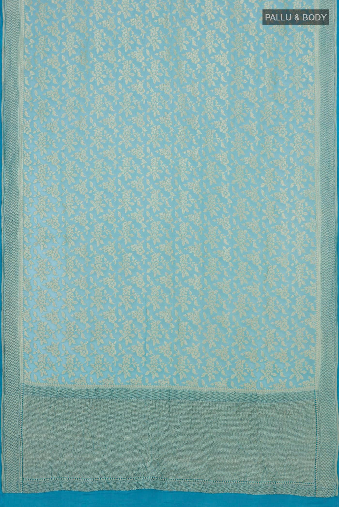 Flat view of Sky Blue Banarasi Georgette Saree with Fancy on the body and Zari Border. 