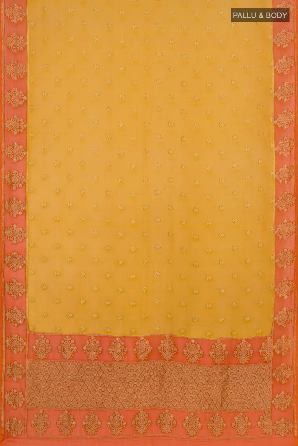Flat view of Yellow Banarasi Georgette Saree with Zari Butta on the body and Fancy Border. 