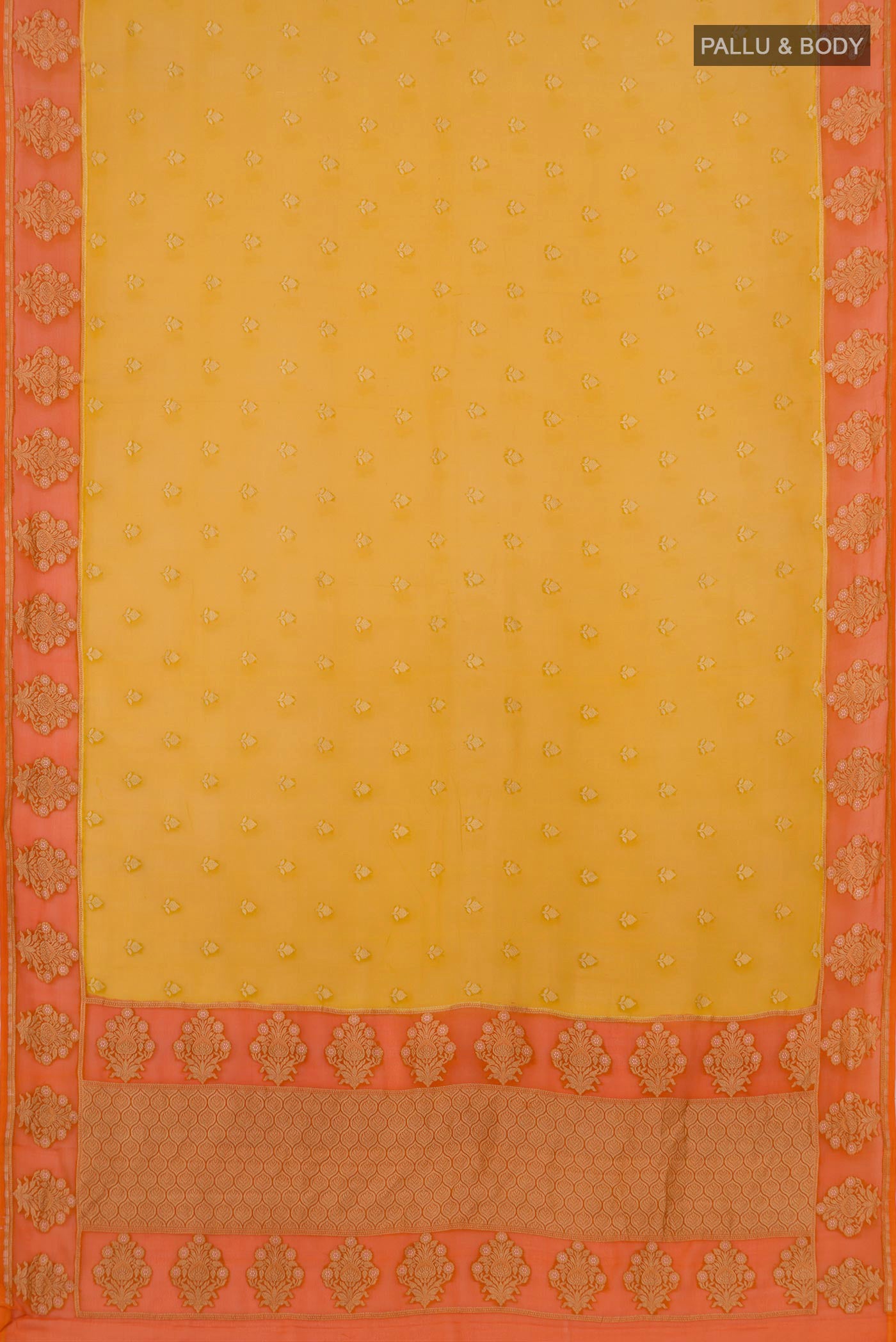 Flat view of Yellow Banarasi Georgette Saree with Zari Butta on the body and Fancy Border. 