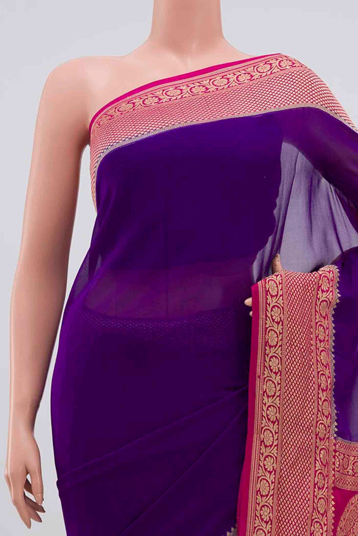 Border image of Purple Banarasi Georgette Saree with Plain Body and Zari Border. 