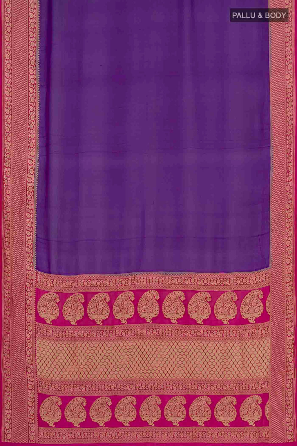 Flat view of Purple Banarasi Georgette Saree with Plain Body and Zari Border. 