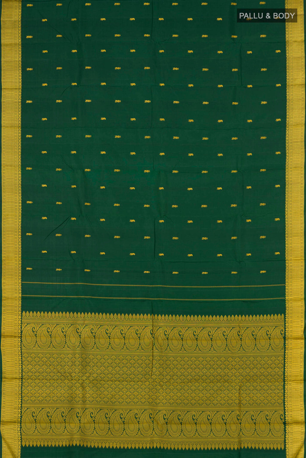 Flat view of Bottle Green Kanchipuram Silk Saree with Thread Butta on the body and Thread Border. 