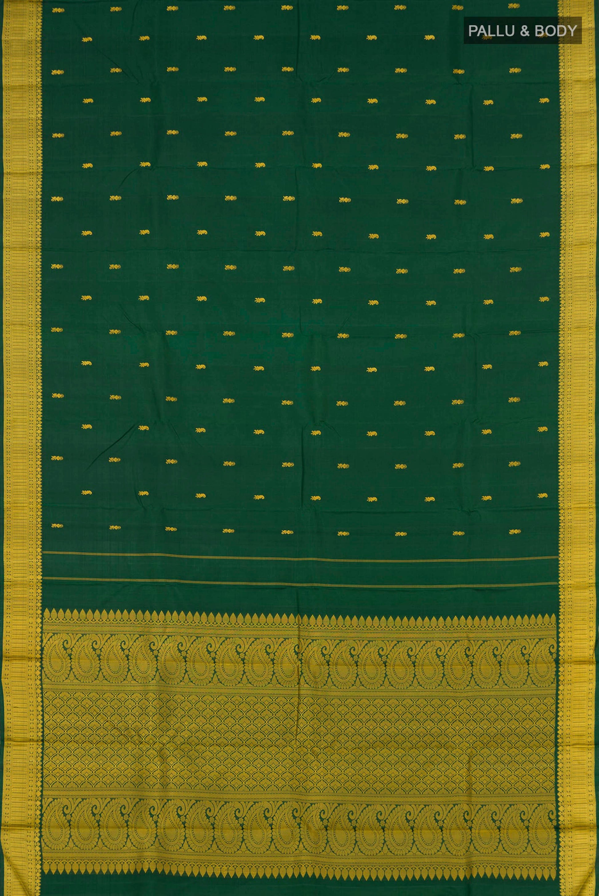 Flat view of Bottle Green Kanchipuram Silk Saree with Thread Butta on the body and Thread Border. 