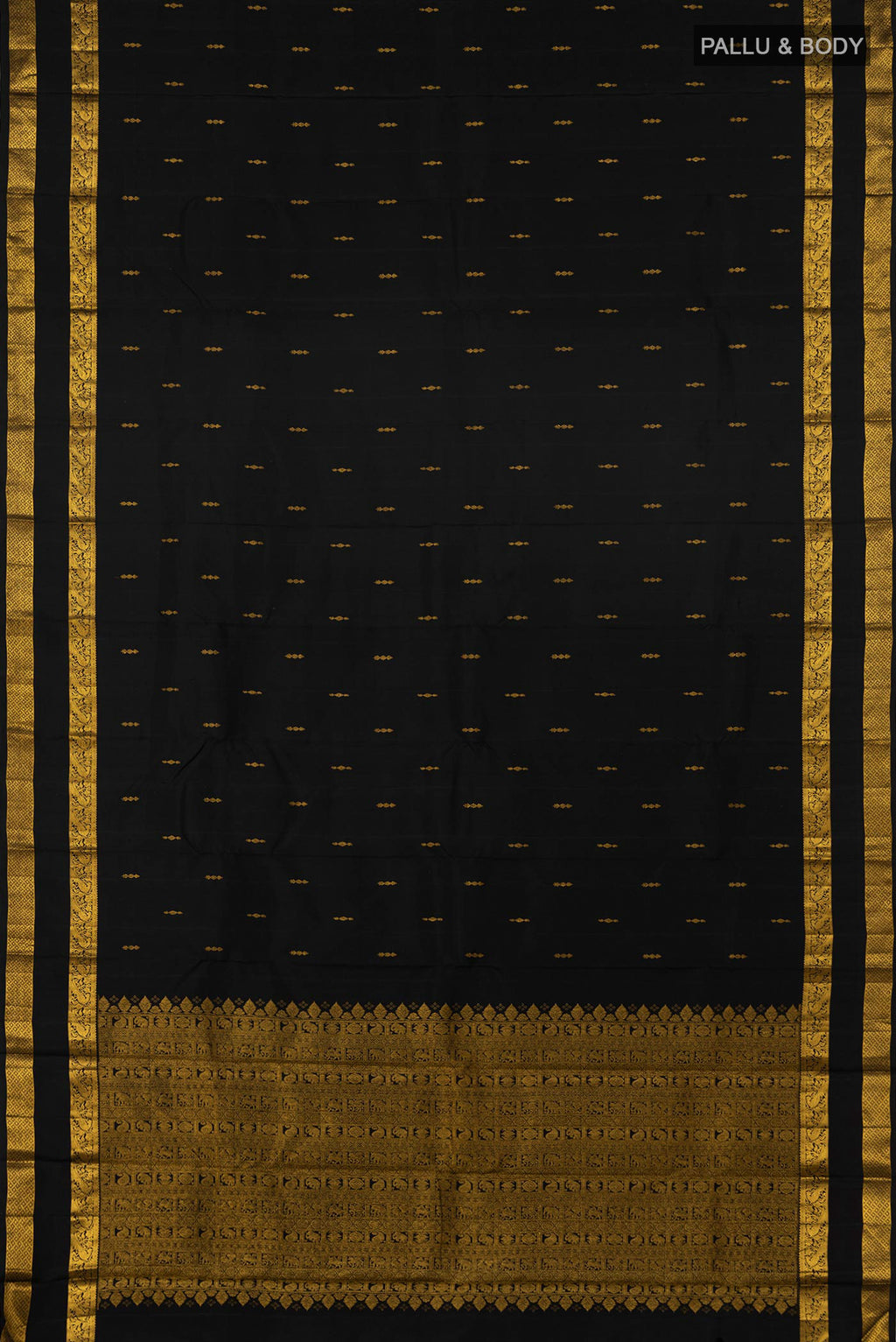 Flat view of Black Kanchipuram Saree with Zari Butta on the body and Zari Border. 