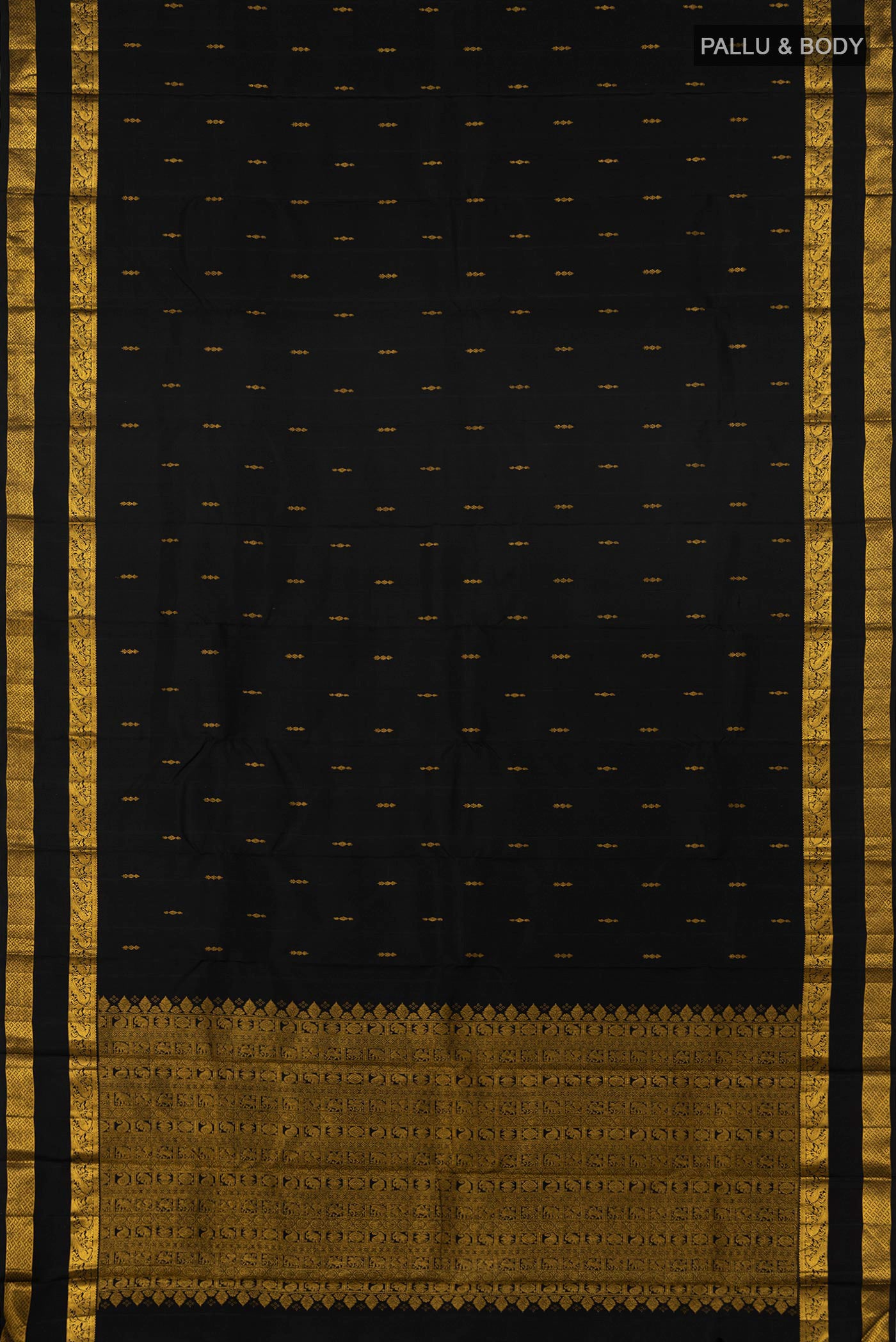 Flat view of Black Kanchipuram Saree with Zari Butta on the body and Zari Border. 