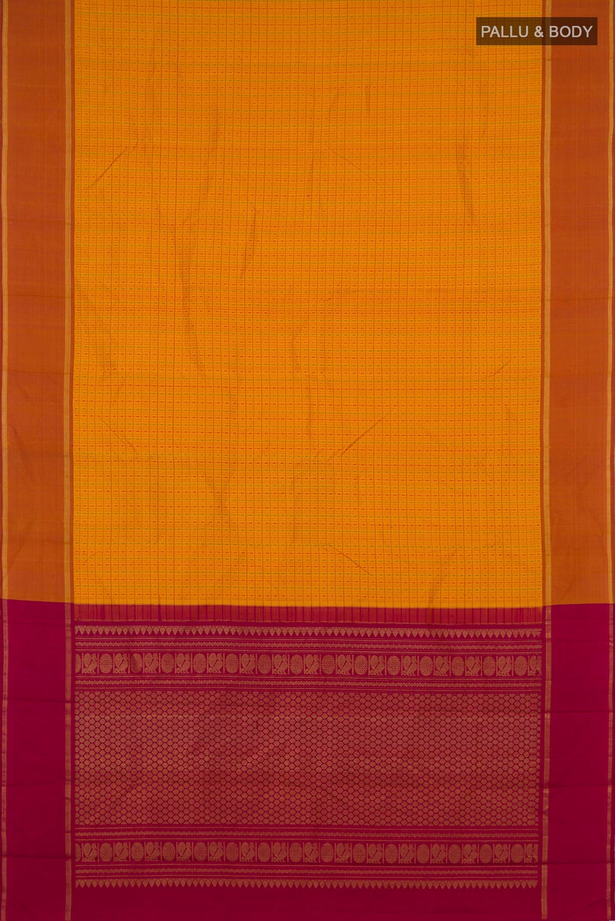 Flat view of Pure Silk Yellow Kanchipuram Saree with Checked design on the body and Plain Border. 