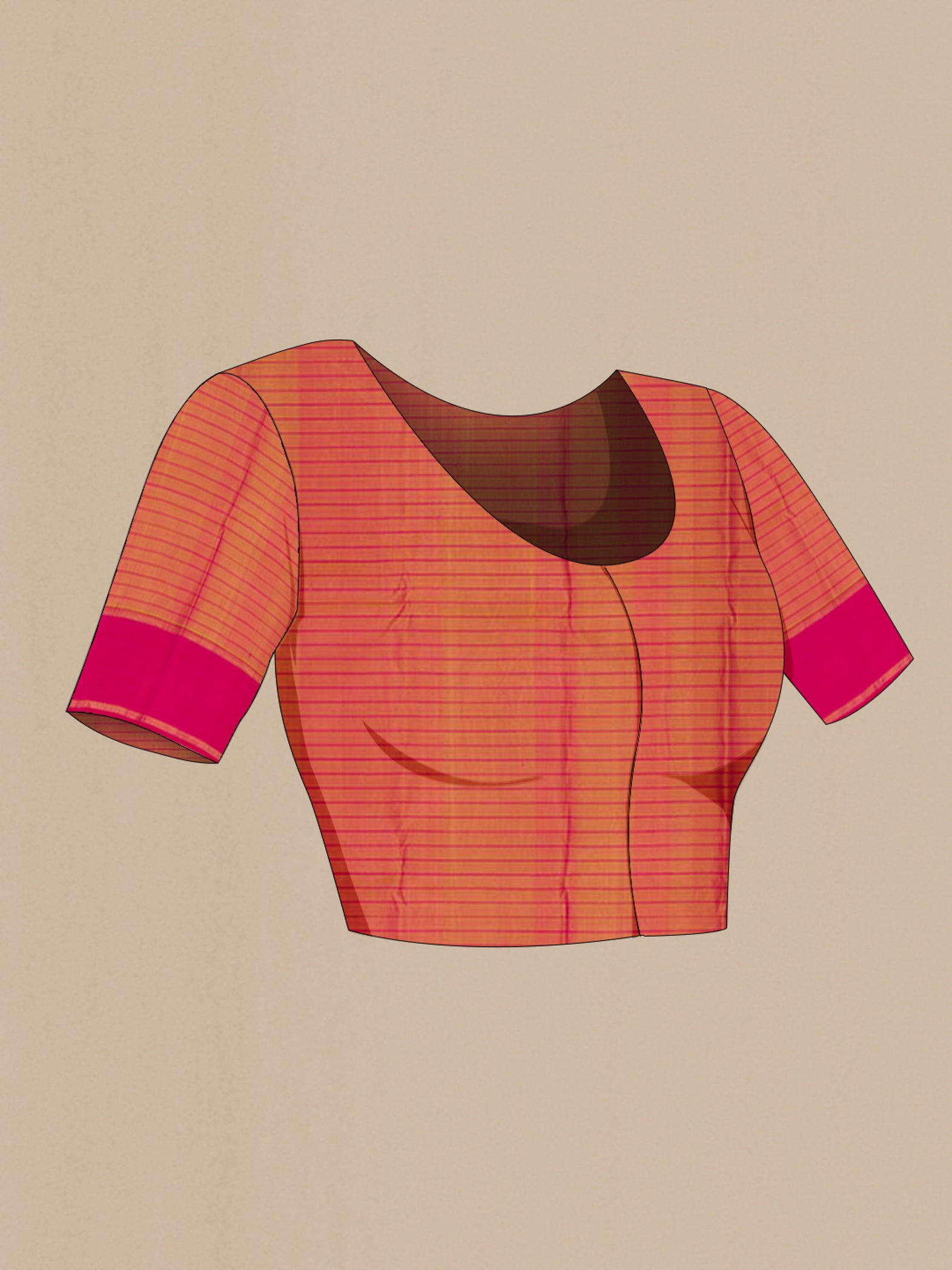 Close up image of the blouse of Pure Silk Pure Zari Yellow Kanchipuram Saree with Checked design on the body and Thin Zari Line. 