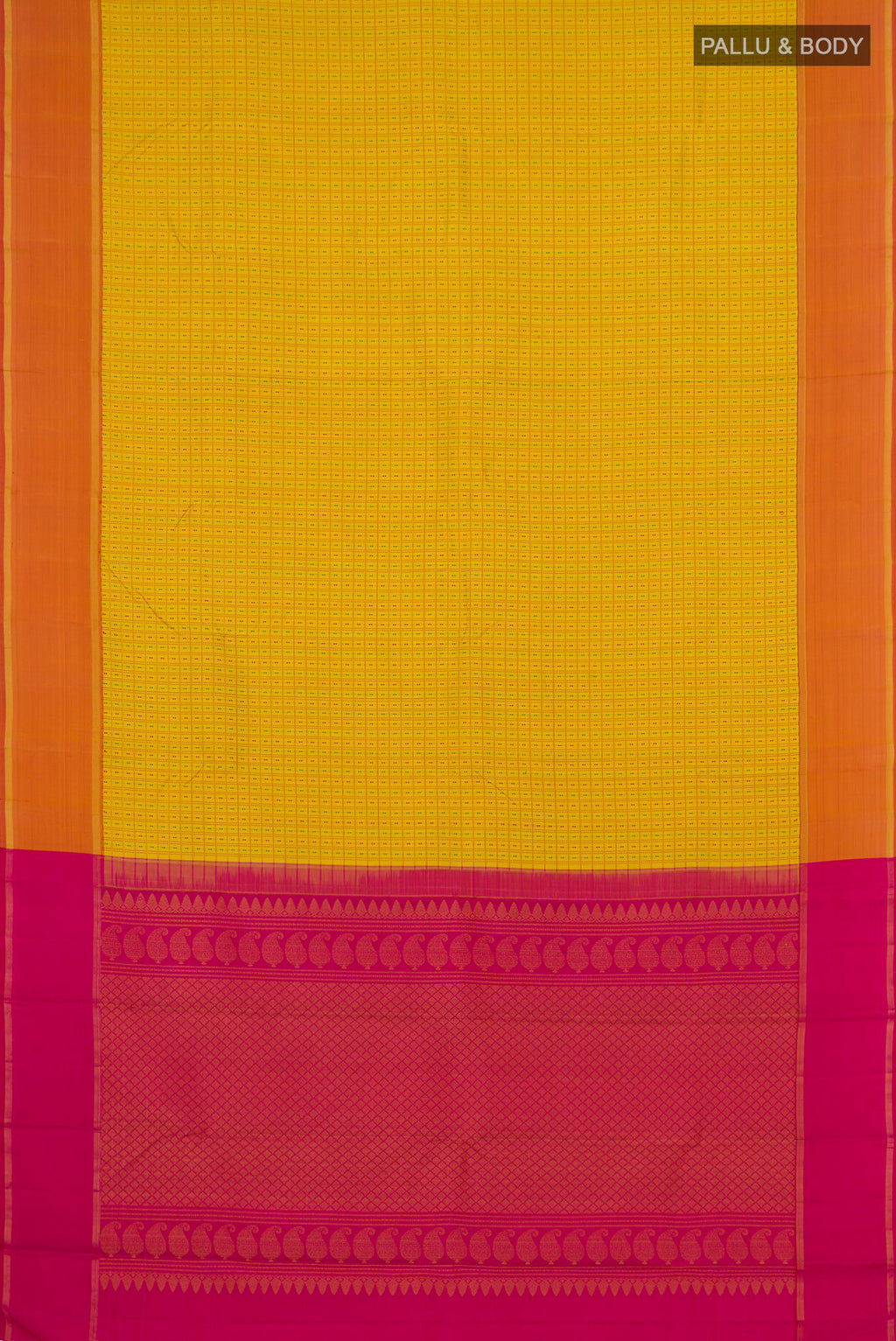 Flat view of Pure Silk Pure Zari Yellow Kanchipuram Saree with Checked design on the body and Thin Zari Line. 