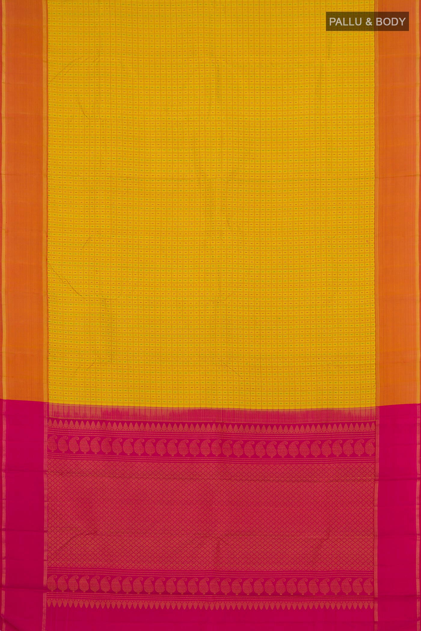 Flat view of Pure Silk Pure Zari Yellow Kanchipuram Saree with Checked design on the body and Thin Zari Line. 