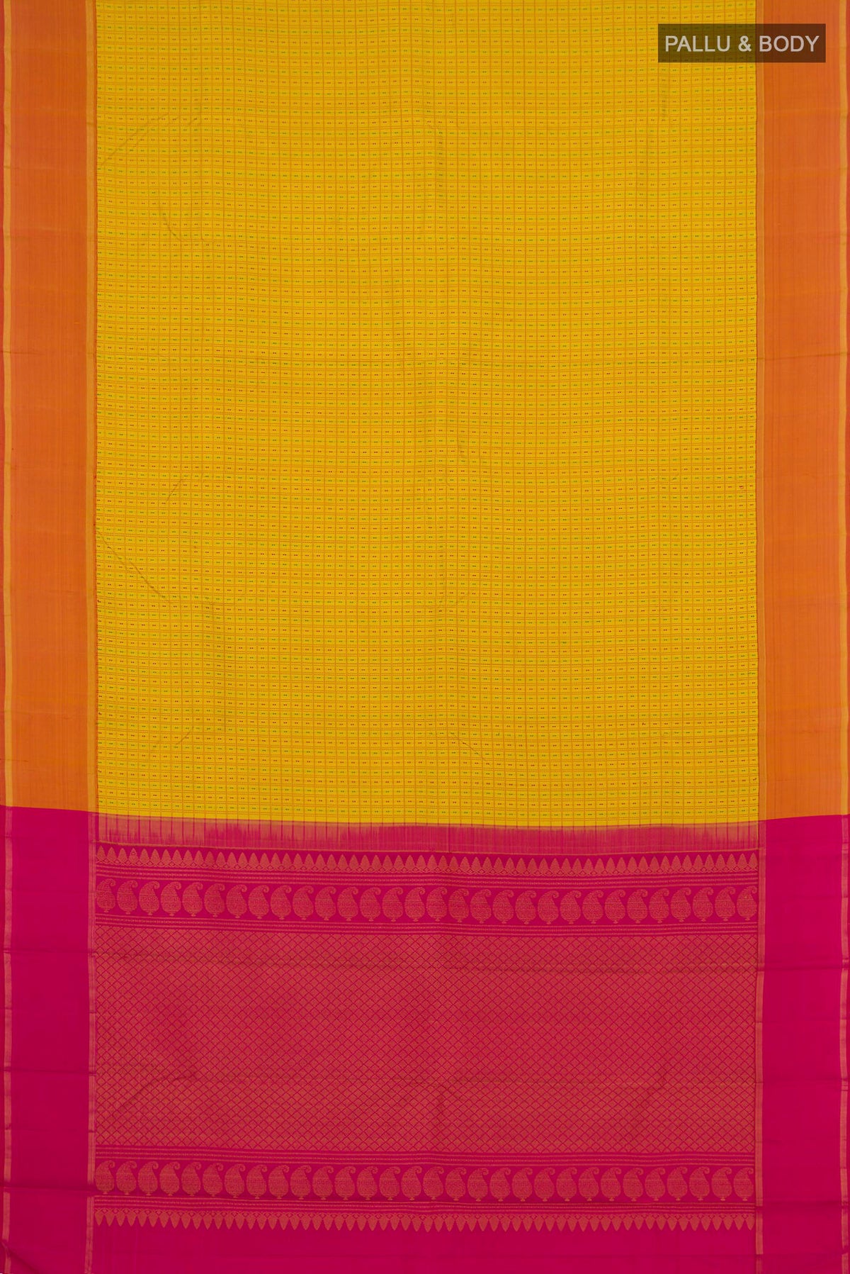 Flat view of Pure Silk Pure Zari Yellow Kanchipuram Saree with Checked design on the body and Thin Zari Line. 