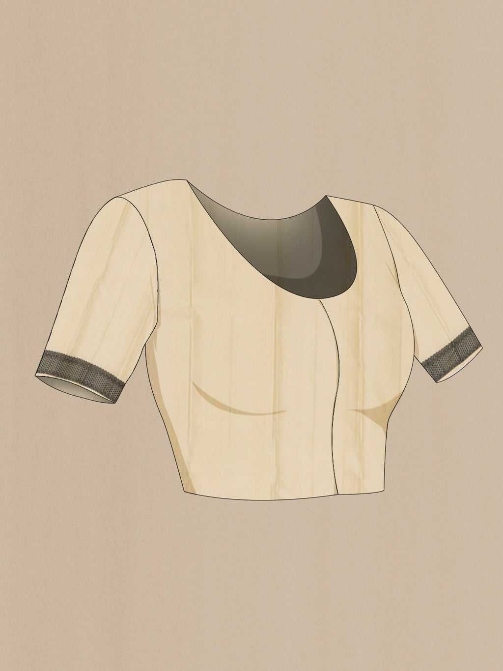 Close up image of the blouse of Cream Kanchipuram Saree with Thread Butta on the body and Thread Border. 