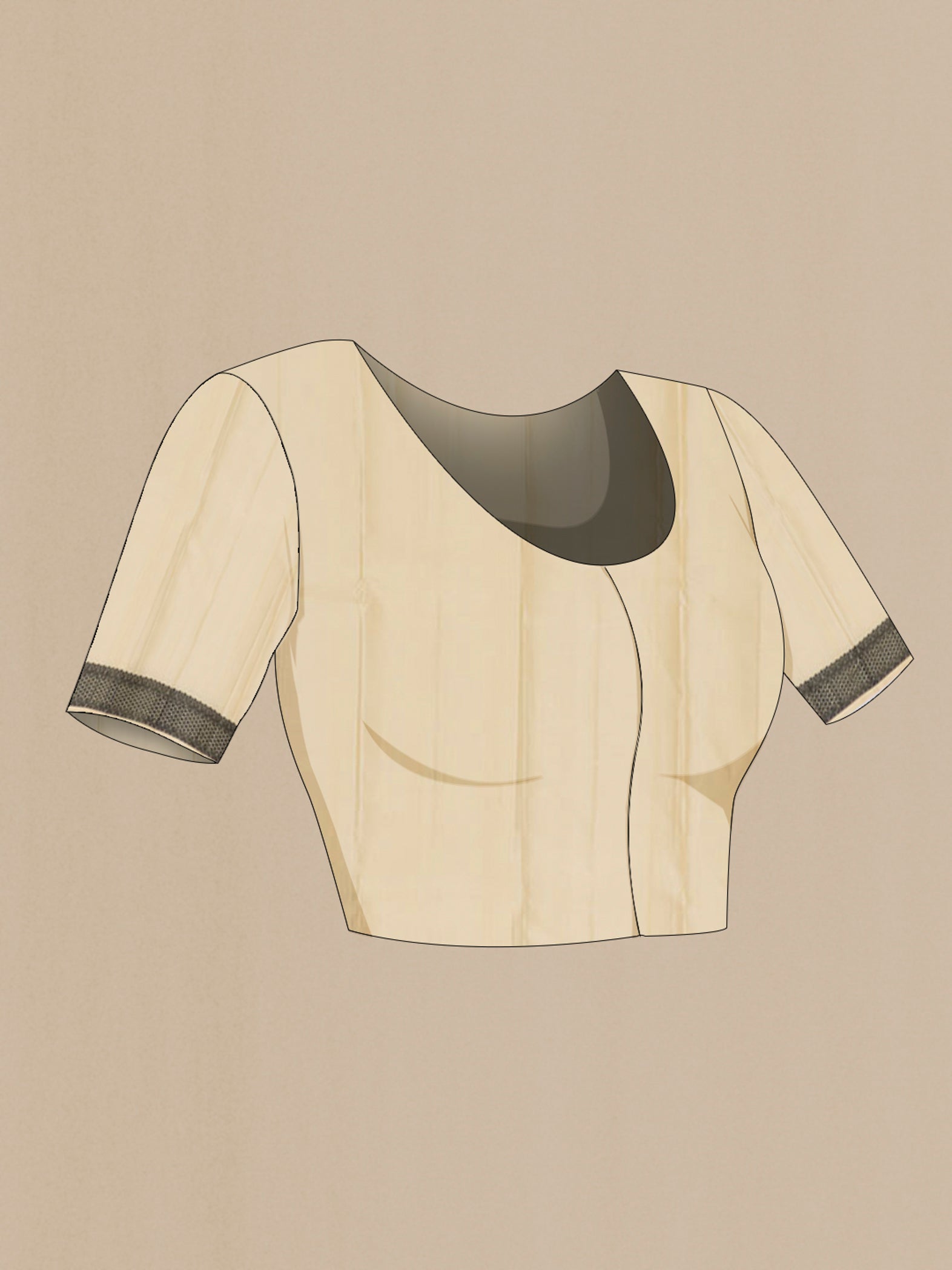 Close up image of the blouse of Cream Kanchipuram Saree with Thread Butta on the body and Thread Border. 