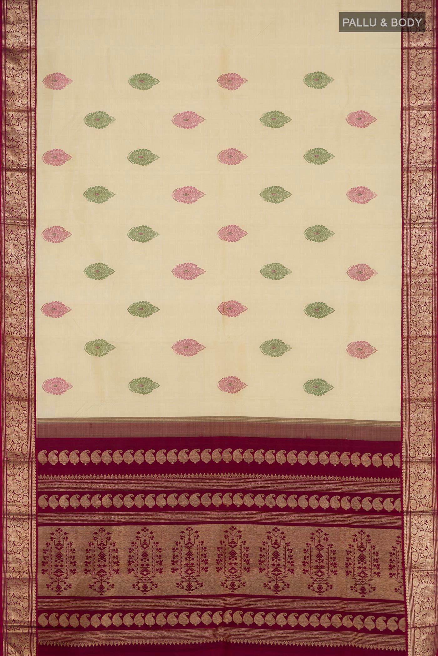 Flat view of Pure Silk Pure Zari Cream Kanjivaram Saree with Zari Butta on the body and Zari Border. 