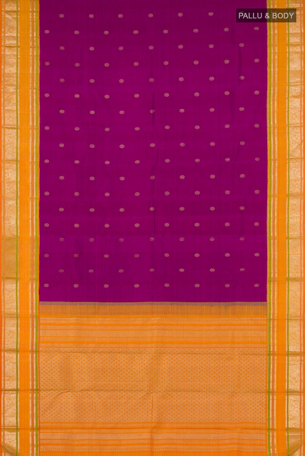 Flat view of Magenta Kanjivaram Silk Saree with Zari Butta on the body and Zari Border. 