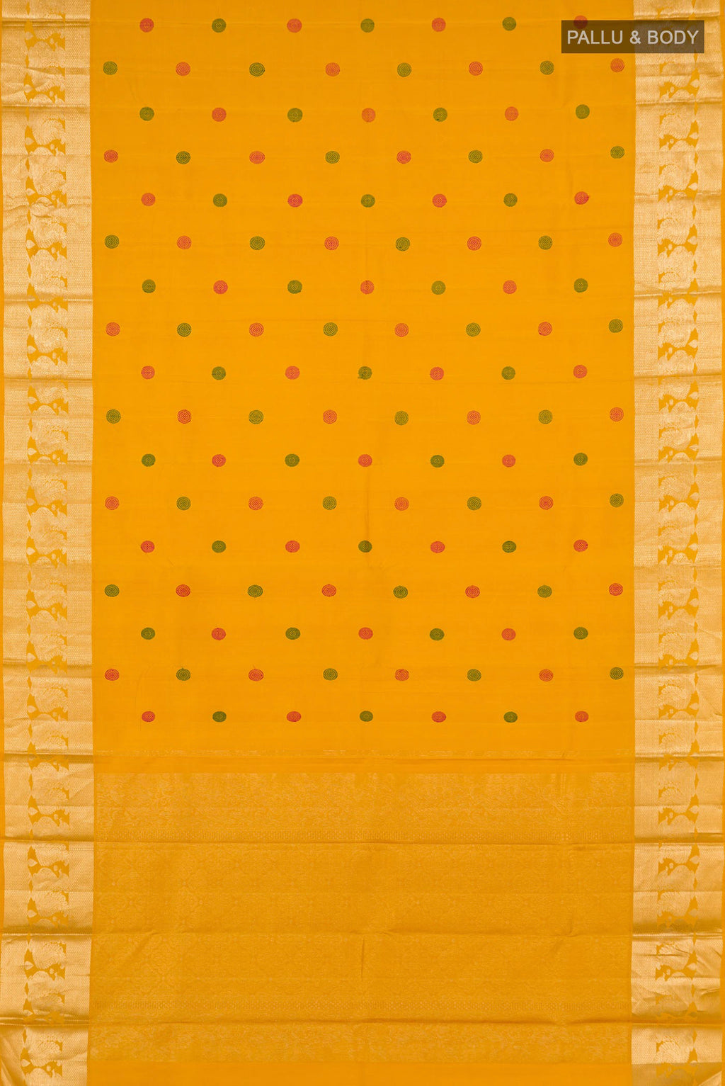 Flat view of Yellow Kanjivaram Silk Saree with Thread Butta on the body and Zari Border. 