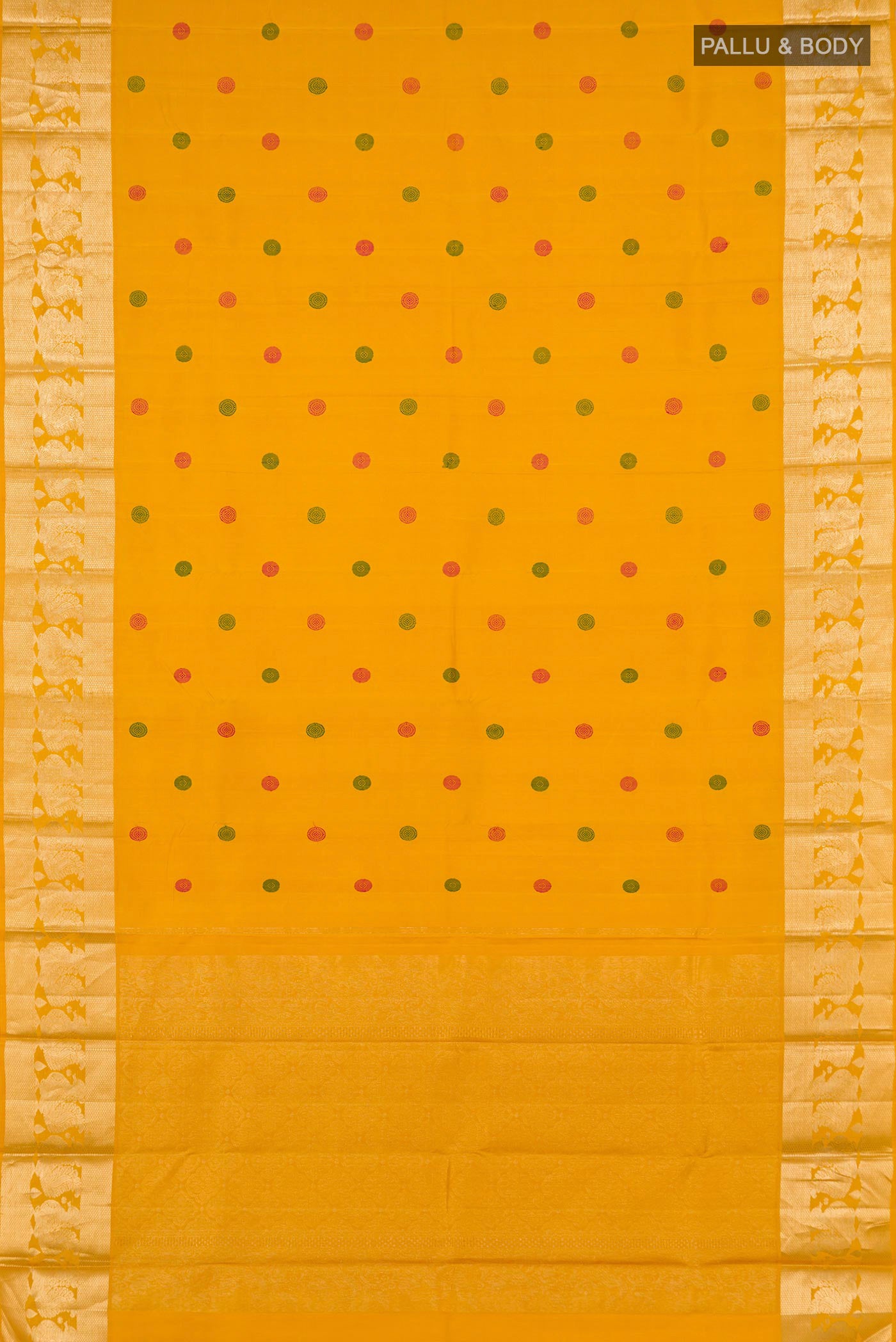 Flat view of Yellow Kanjivaram Silk Saree with Thread Butta on the body and Zari Border. 