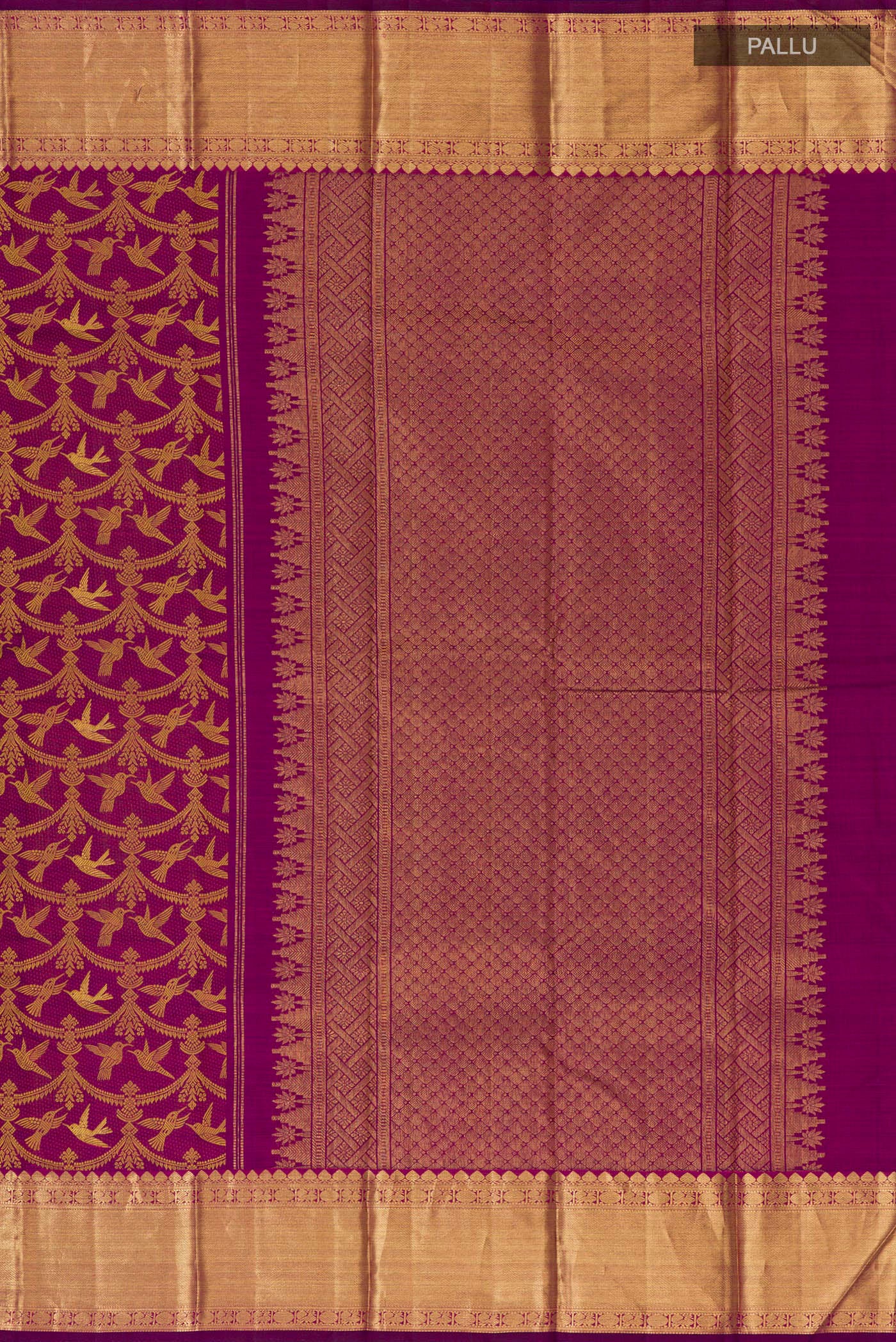 Close up image of the pallu of Pure Silk Pure Zari Purple Kanjivaram Saree with Jacquard design on the body and Zari Border. 