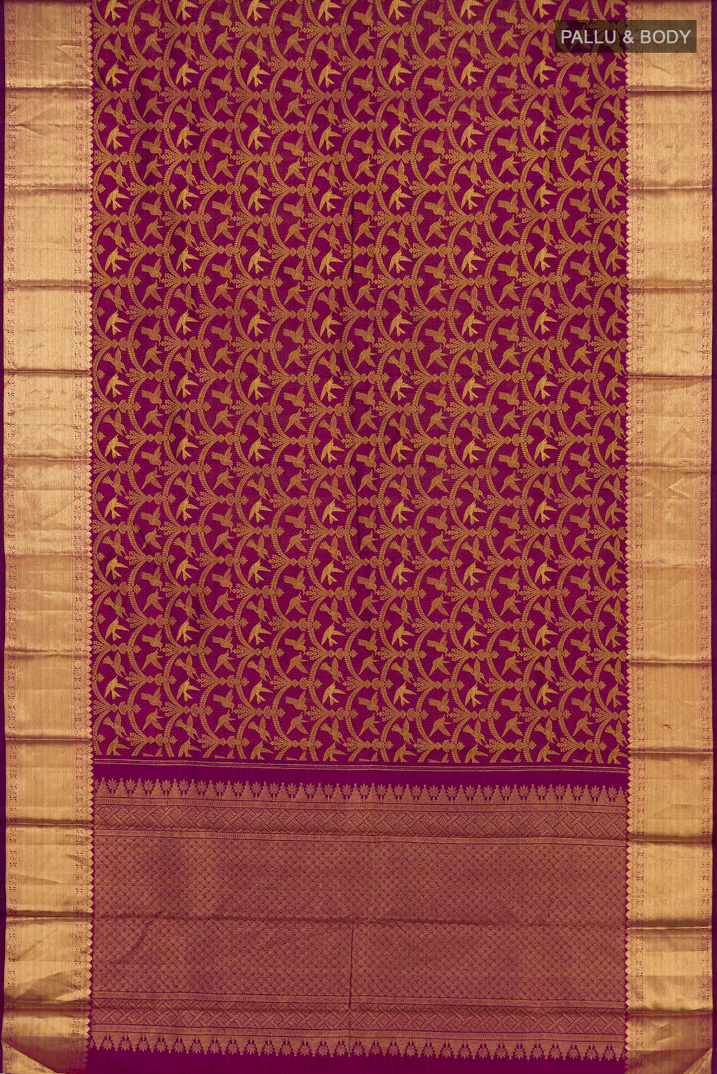 Flat view of Pure Silk Pure Zari Purple Kanjivaram Saree with Jacquard design on the body and Zari Border. 