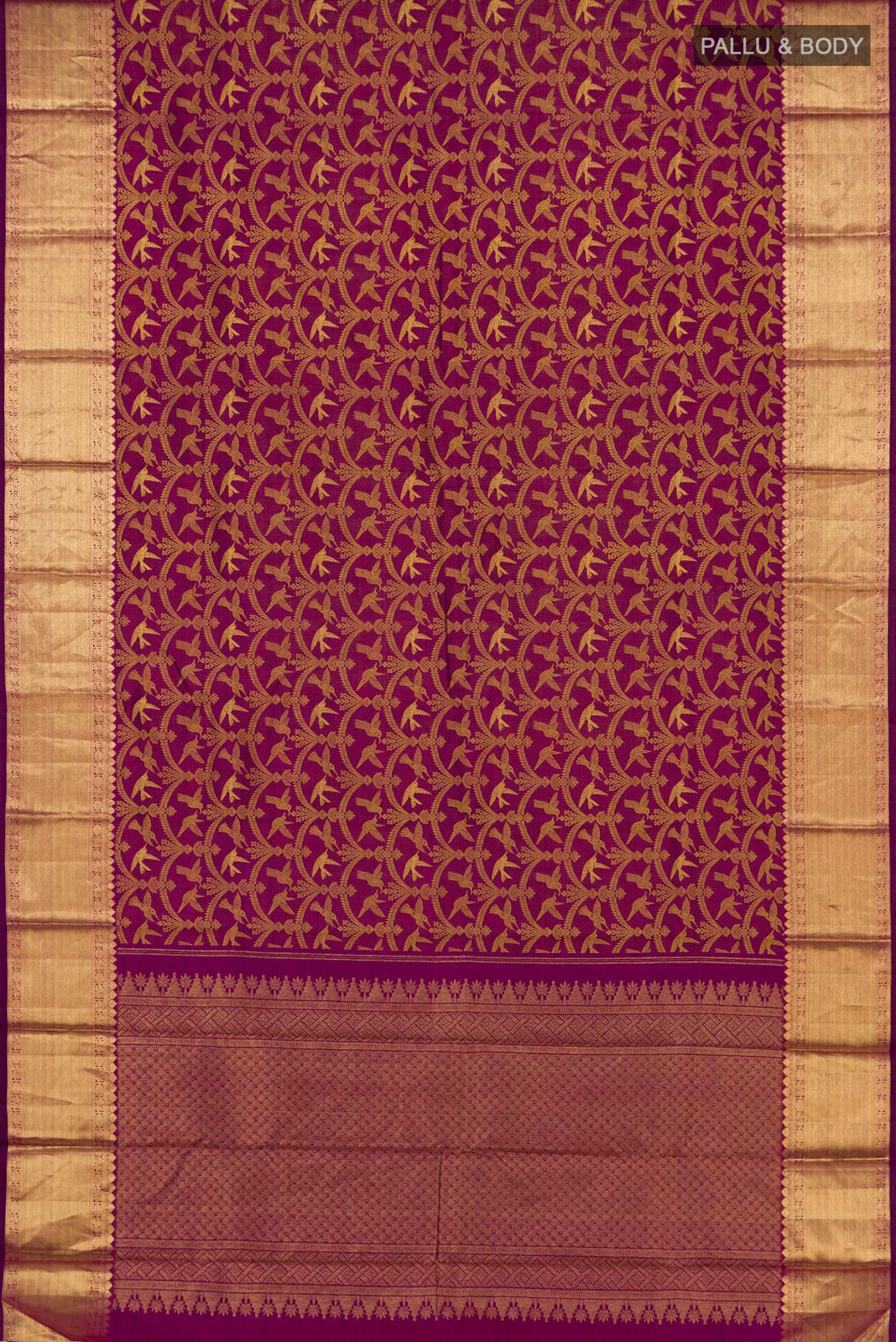 Flat view of Pure Silk Pure Zari Purple Kanjivaram Saree with Jacquard design on the body and Zari Border. 