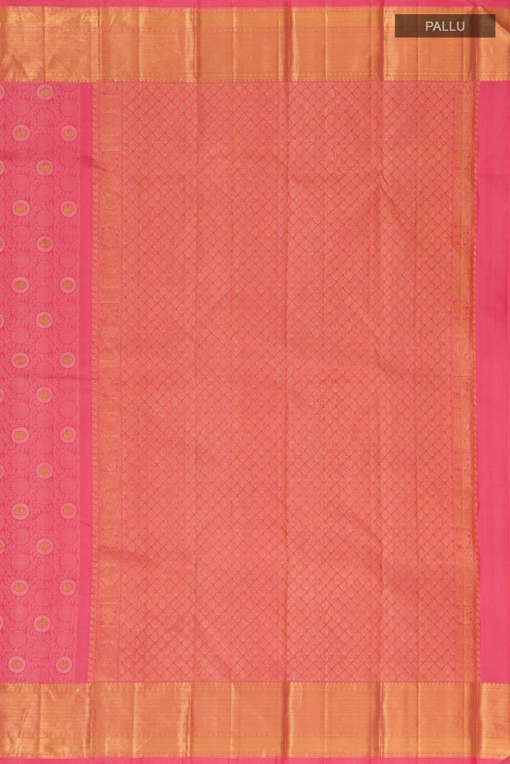 Close up image of the pallu of Peach Kanjivaram Silk Saree with Jacquard With Zari Butta on the body and Zari Border. 