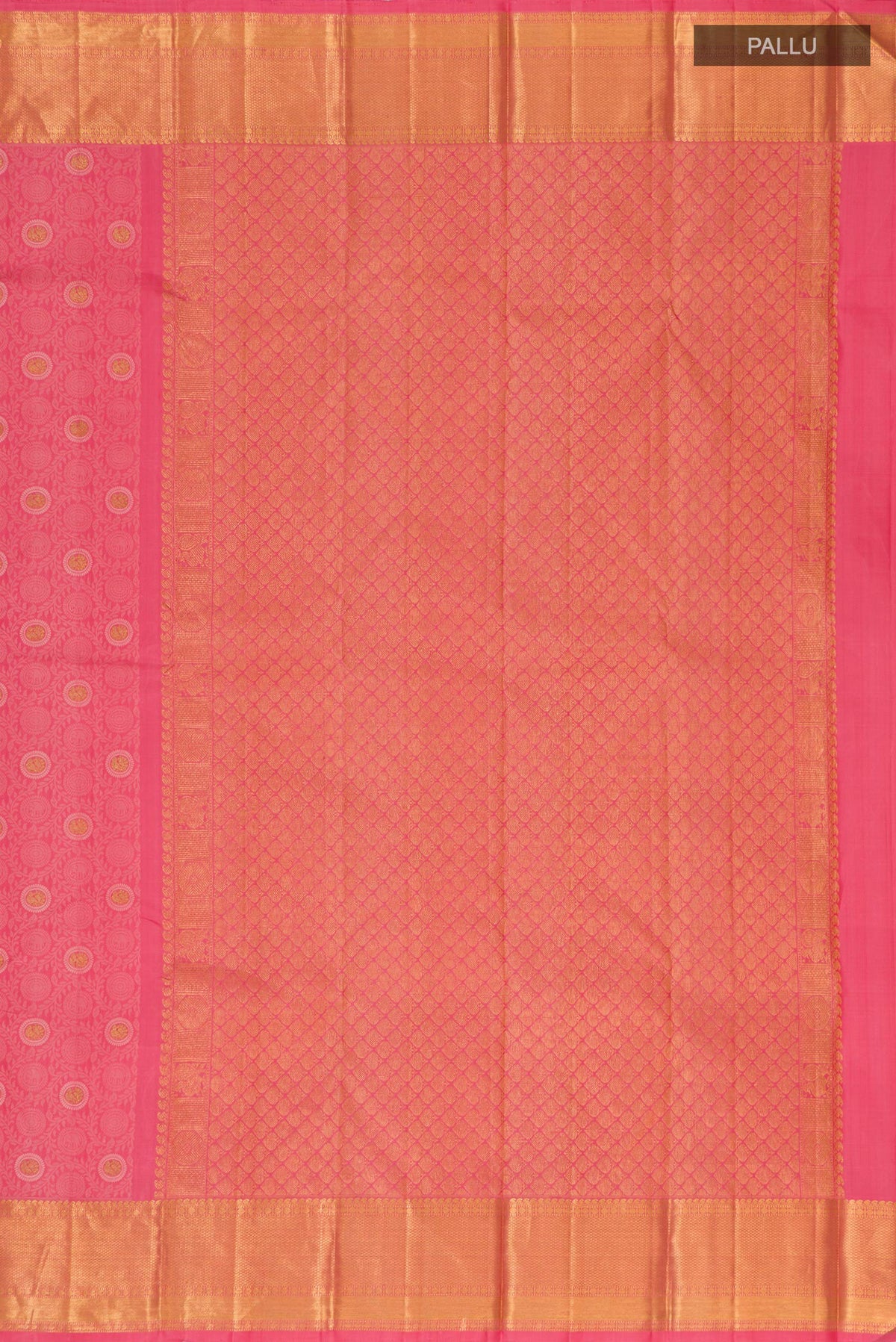 Close up image of the pallu of Peach Kanjivaram Silk Saree with Jacquard With Zari Butta on the body and Zari Border. 