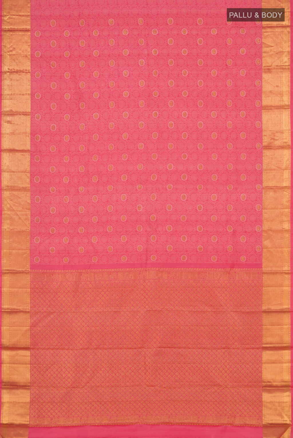 Flat view of Peach Kanjivaram Silk Saree with Jacquard With Zari Butta on the body and Zari Border. 