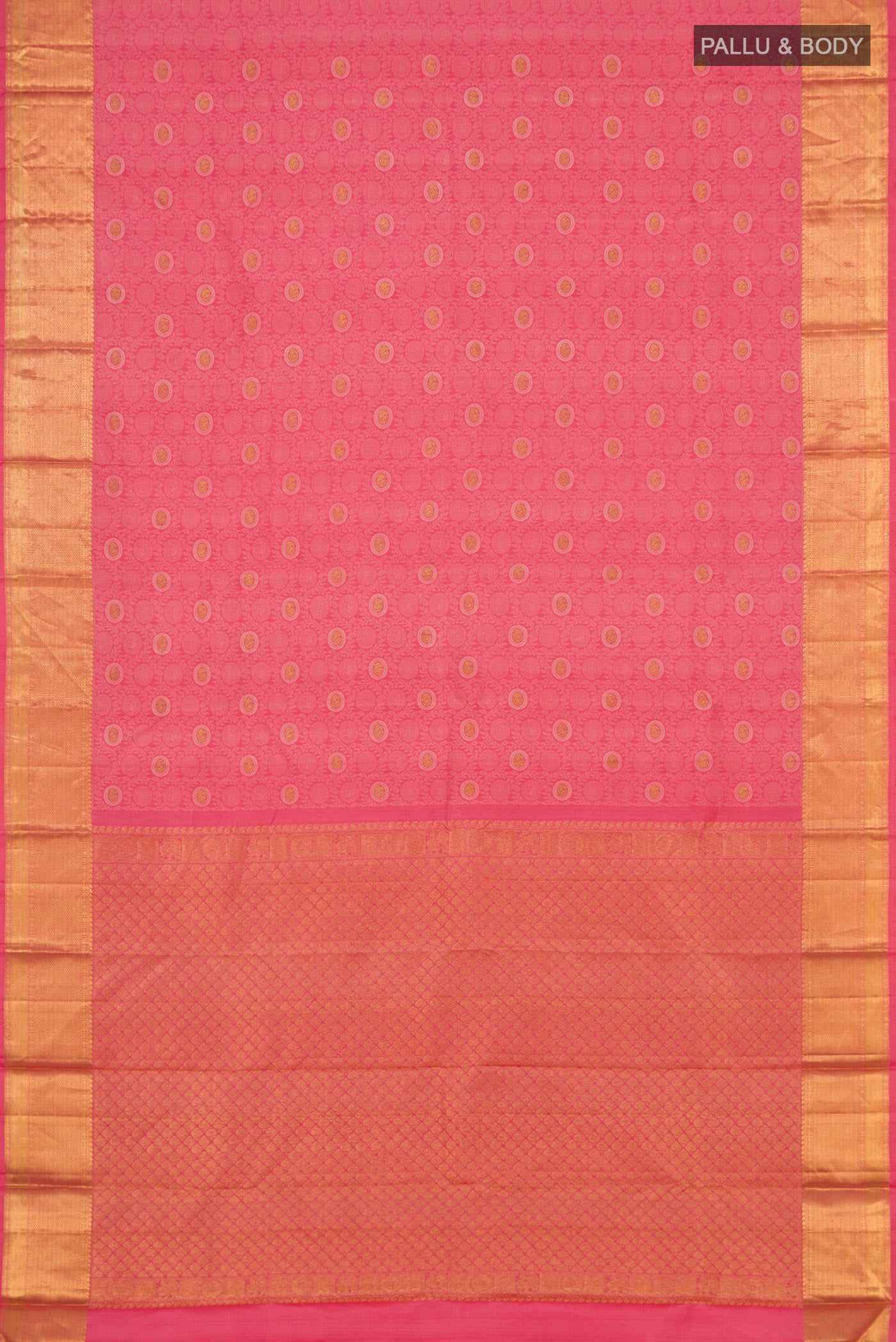 Flat view of Peach Kanjivaram Silk Saree with Jacquard With Zari Butta on the body and Zari Border. 