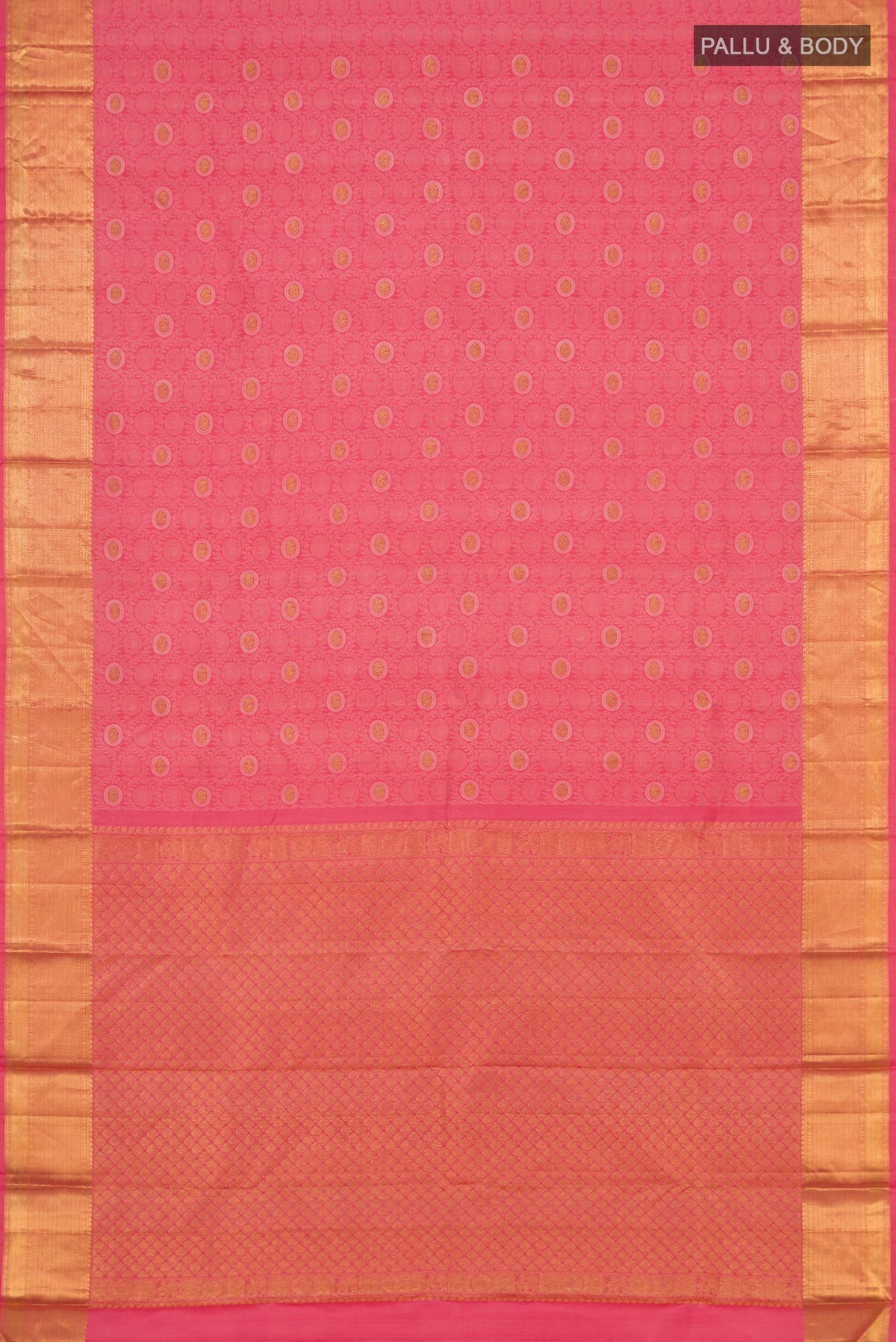 Flat view of Peach Kanjivaram Silk Saree with Jacquard With Zari Butta on the body and Zari Border. 
