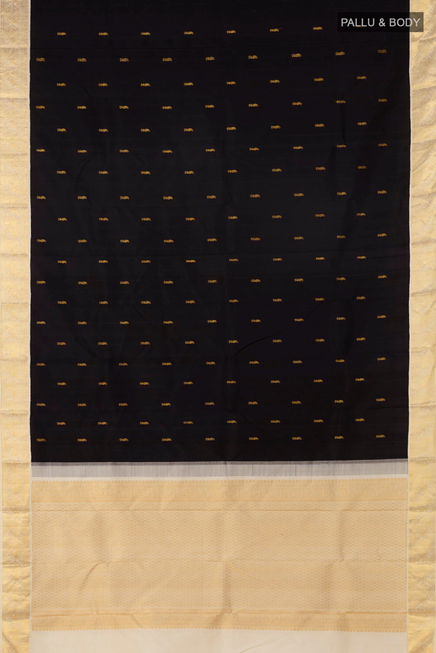 Flat view of Black Kanjivaram Saree with Zari Butta on the body and Zari Border. 