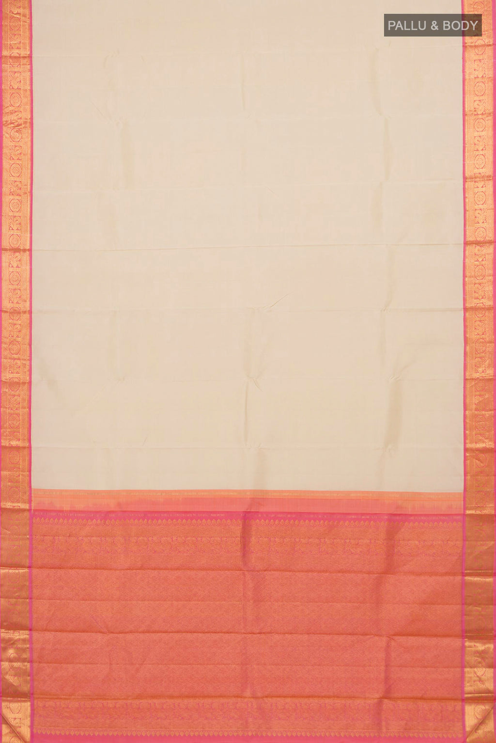 Flat view of Pure Silk Pure Zari Cream Kanjivaram Saree with Plain Body and Zari Border. 