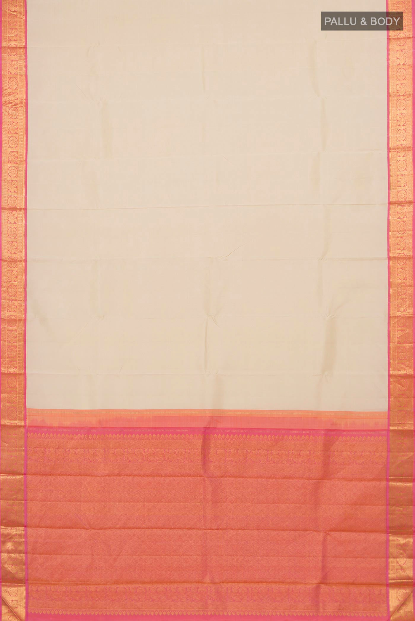 Flat view of Pure Silk Pure Zari Cream Kanjivaram Saree with Plain Body and Zari Border. 
