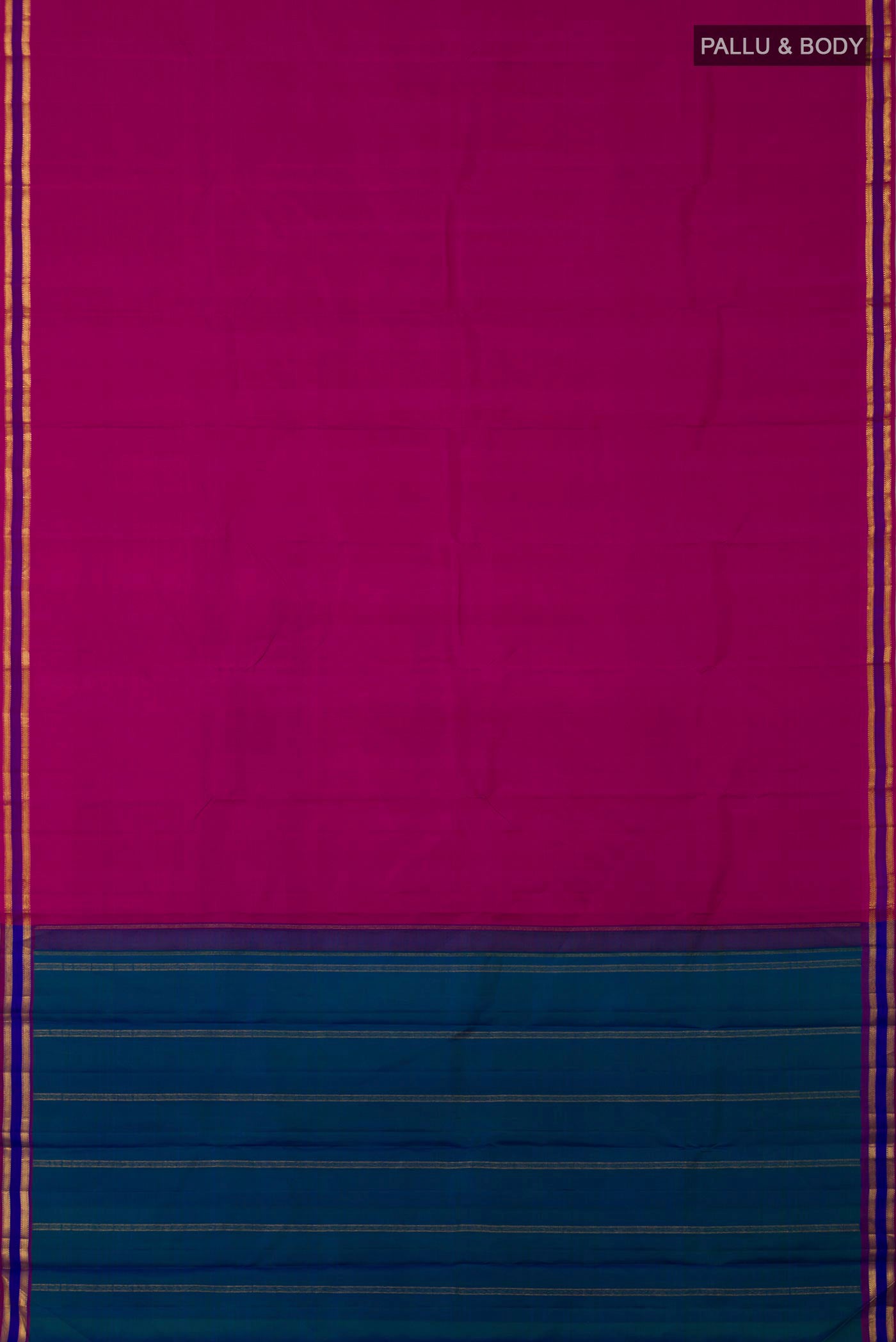Flat view of Rani Pink Kanjivaram Saree with Plain Body and Zari And Thread Border. 