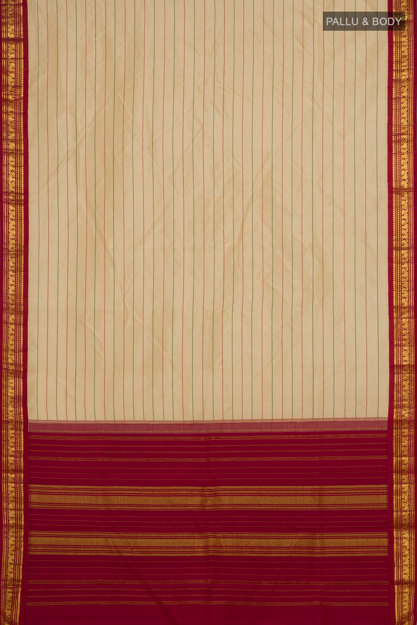 Flat view of Pure Silk Pure Zari Cream Kanjivaram Saree with Veldhari on the body and Zari Border. 