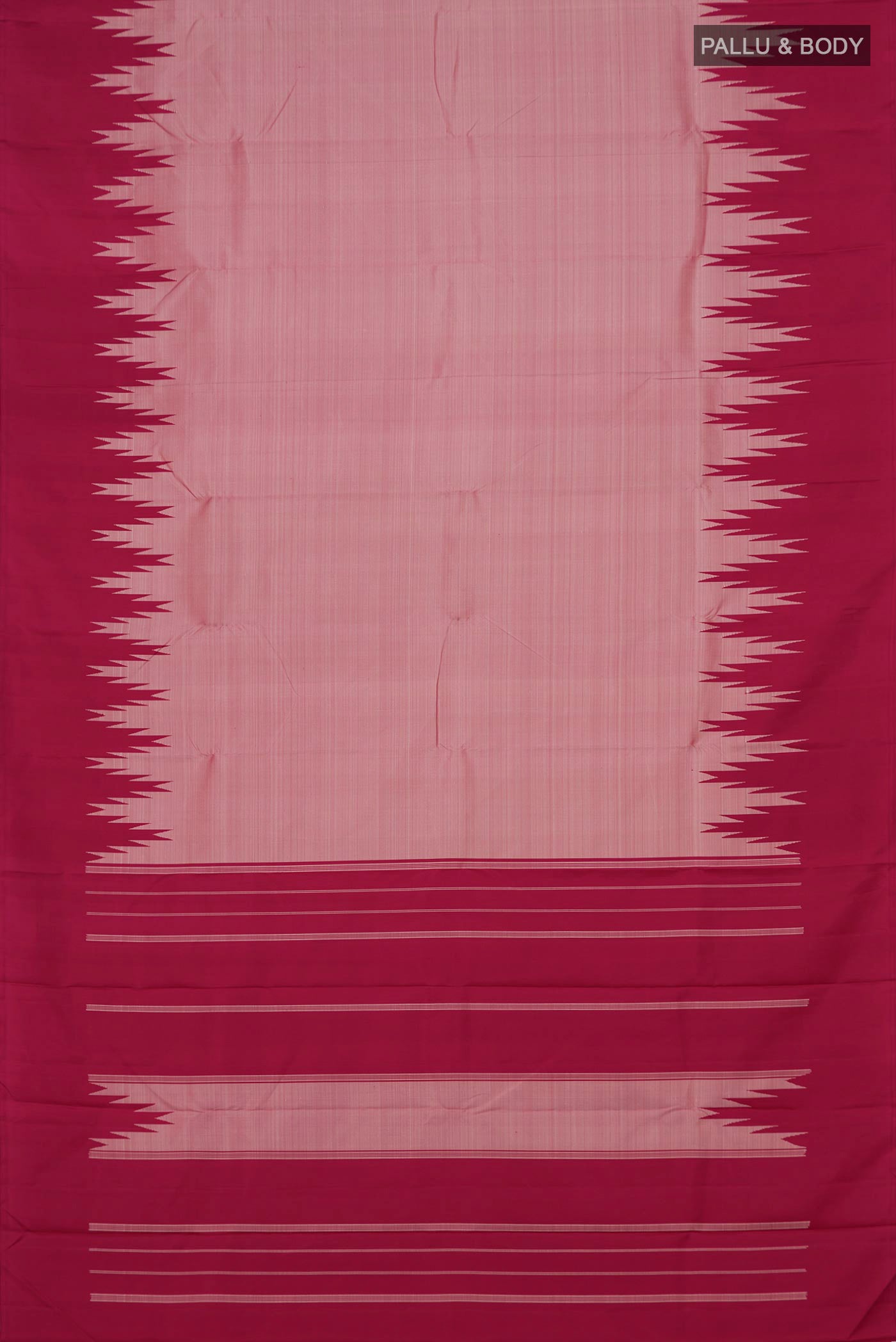 Flat view of Rose Gold Kanchipuram Silk Saree with Plain Body and Temple Border. 