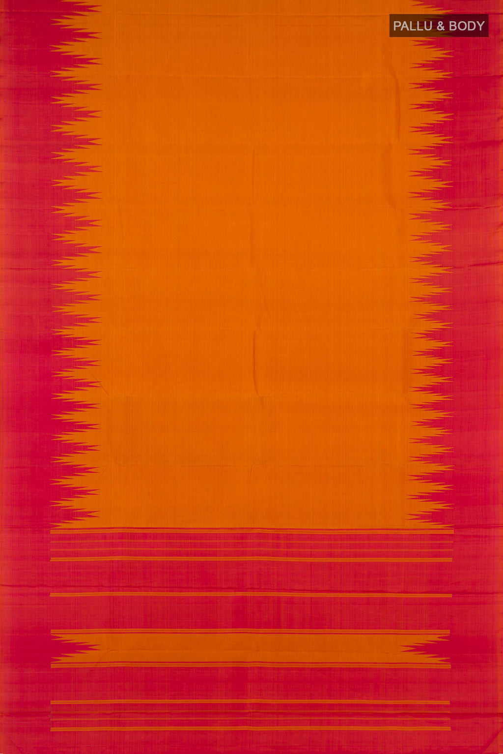 Flat view of Mustard Kanchipuram Silk Saree with Plain Body and Temple Border. 