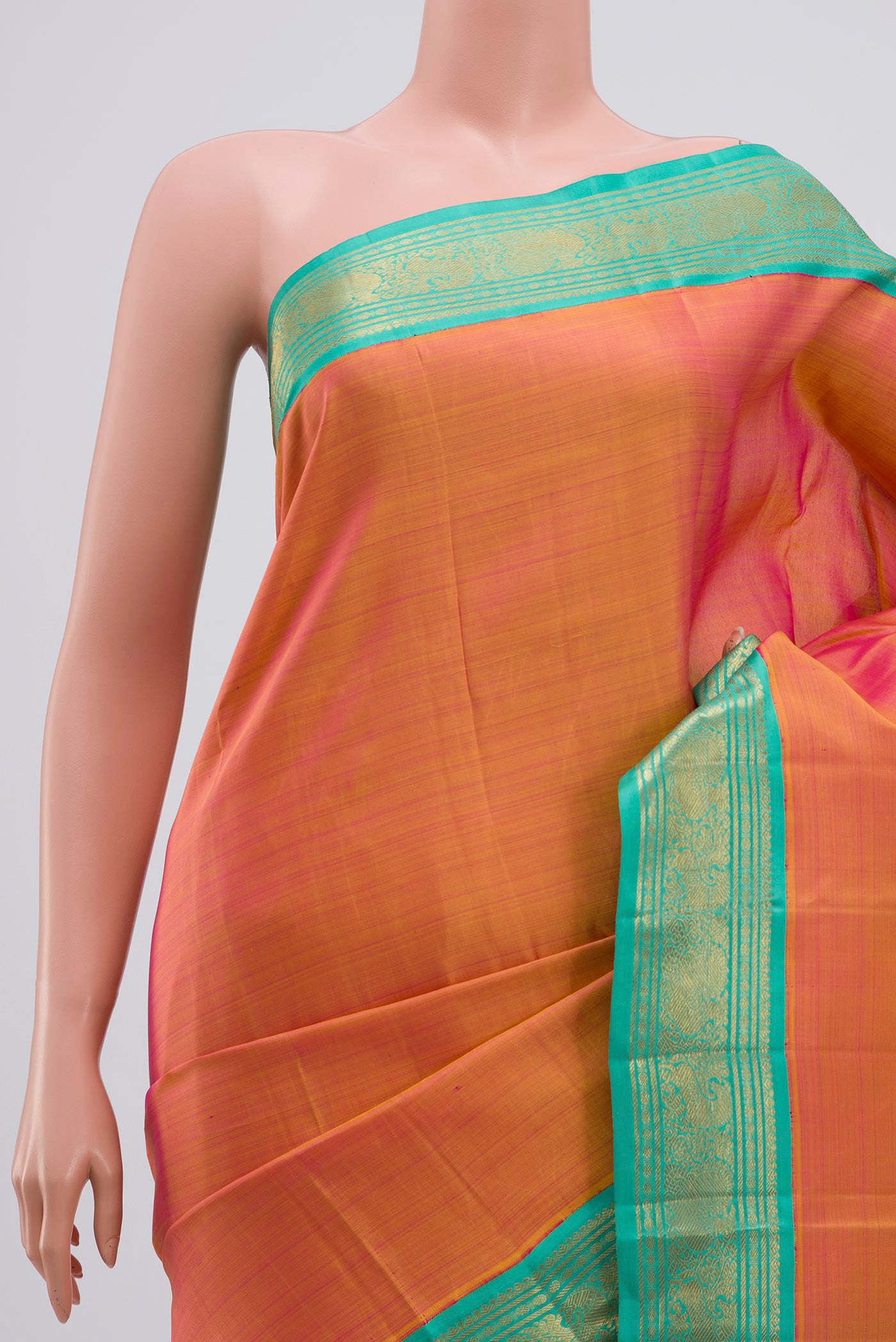 Border image of Pure Silk Pure Zari Orange Dual Tone Kanjivaram Saree with Plain Body and Zari Border. 