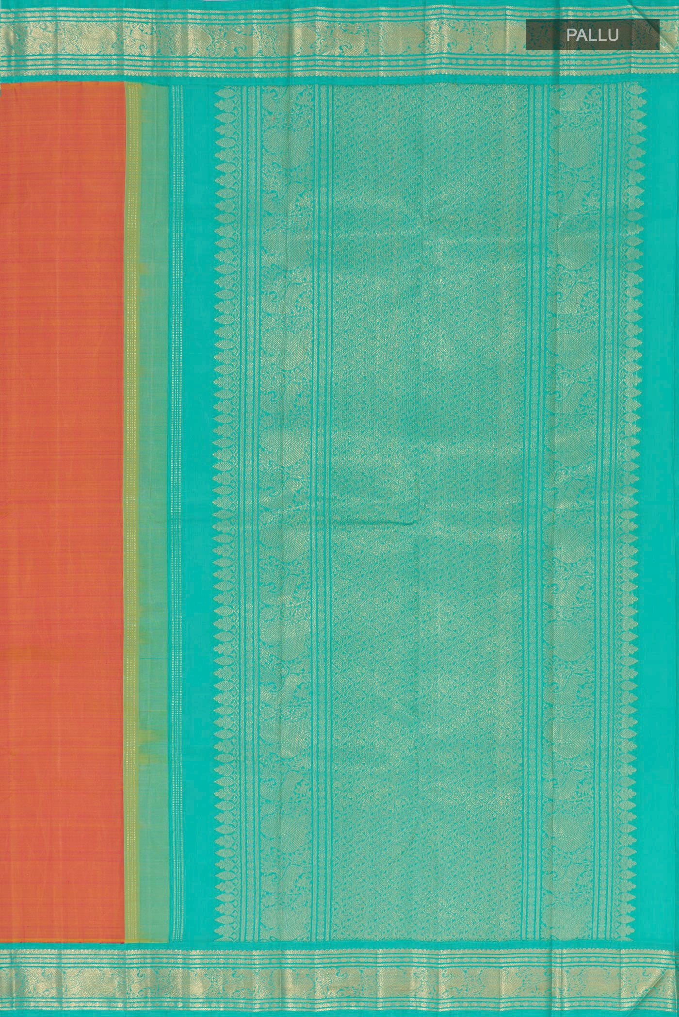 Close up image of the pallu of Pure Silk Pure Zari Orange Dual Tone Kanjivaram Saree with Plain Body and Zari Border. 