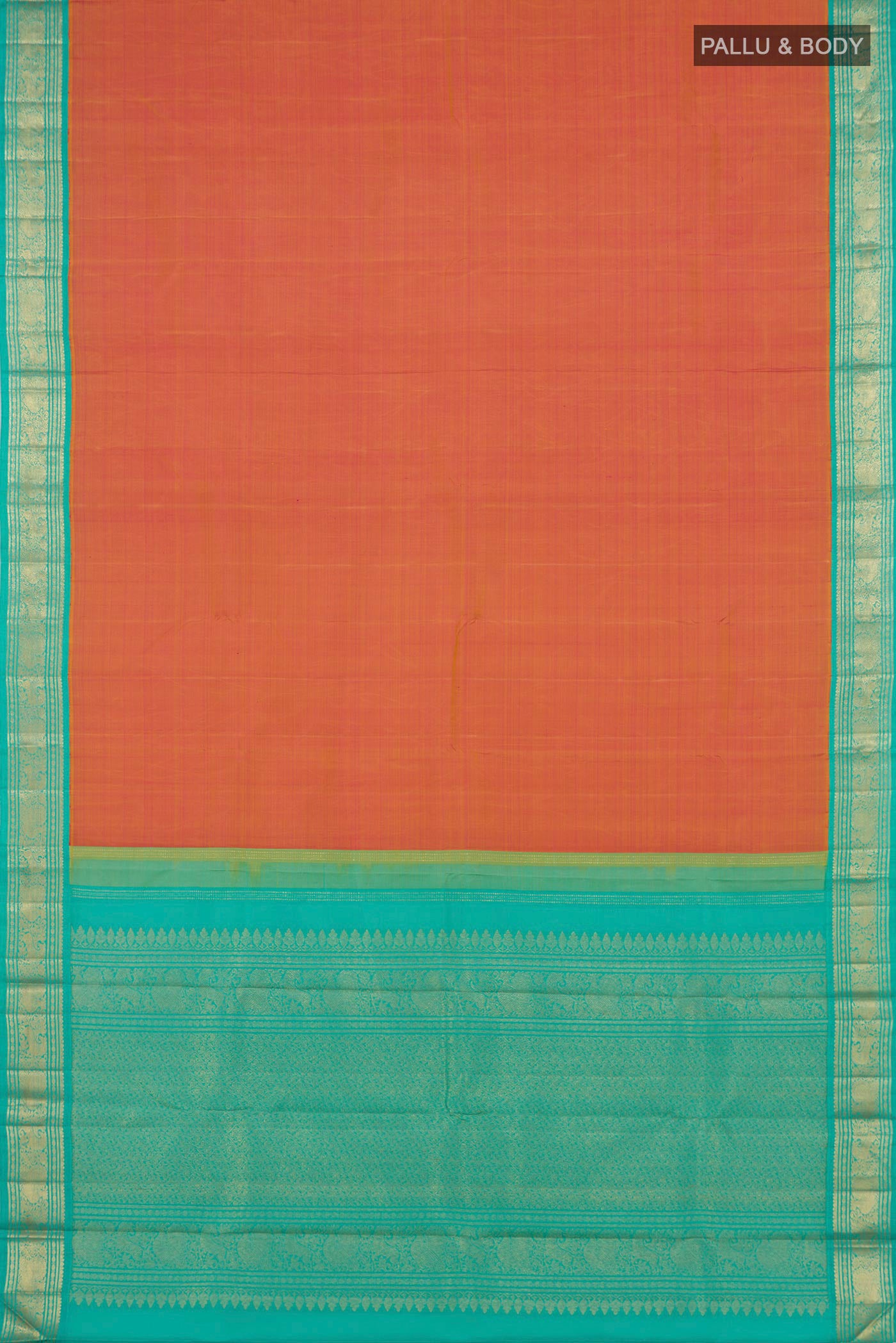 Flat view of Pure Silk Pure Zari Orange Dual Tone Kanjivaram Saree with Plain Body and Zari Border. 
