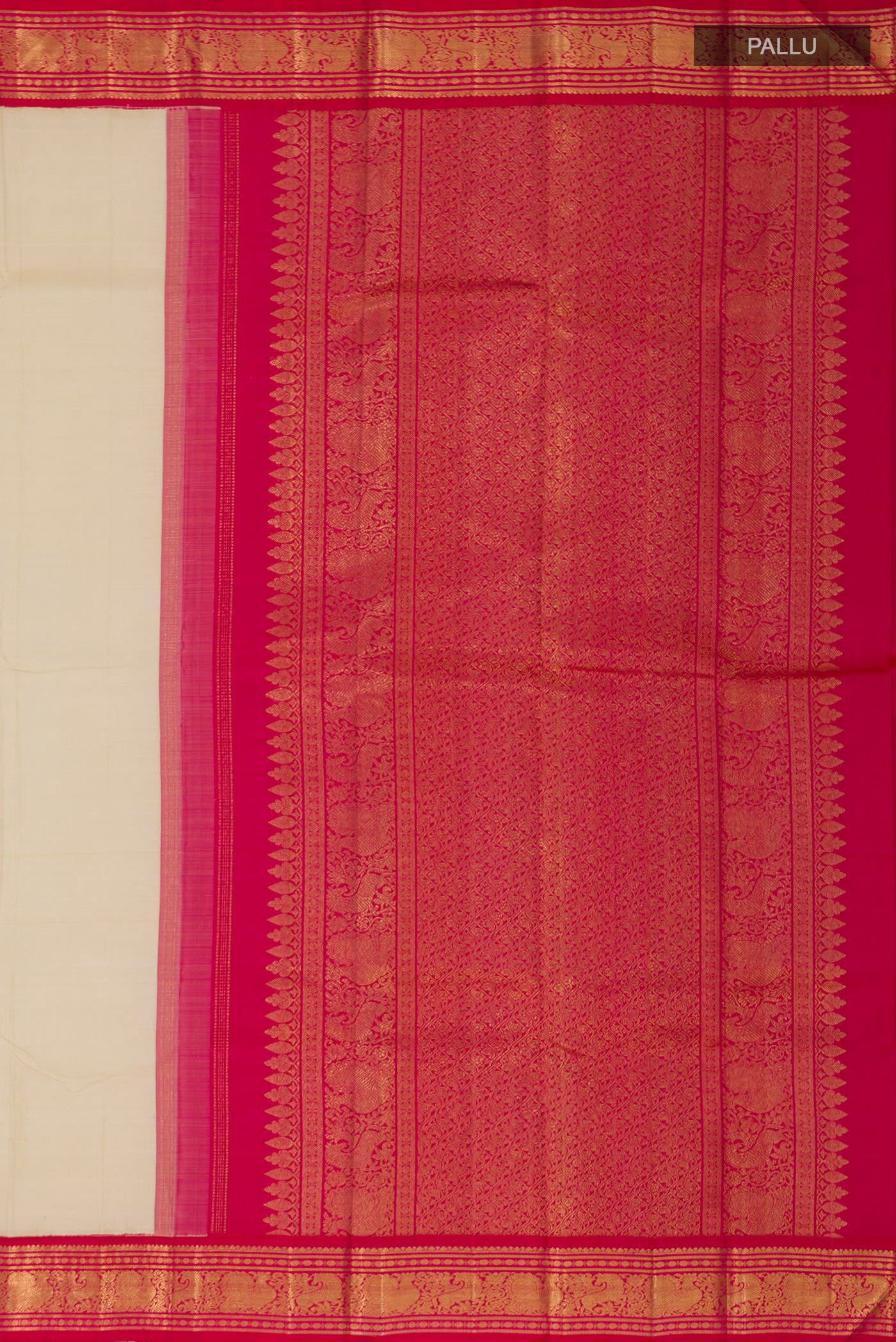 Close up image of the pallu of Pure Silk Pure Zari Cream Kanjivaram Saree with Plain Body and Zari Border. 